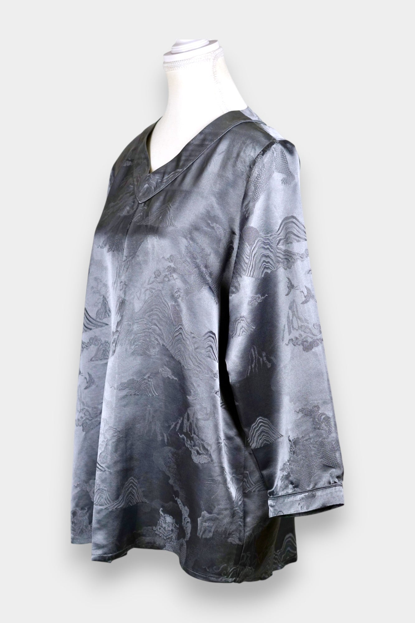 Jacquard Silk Satin Blouse in Charcoal Grey