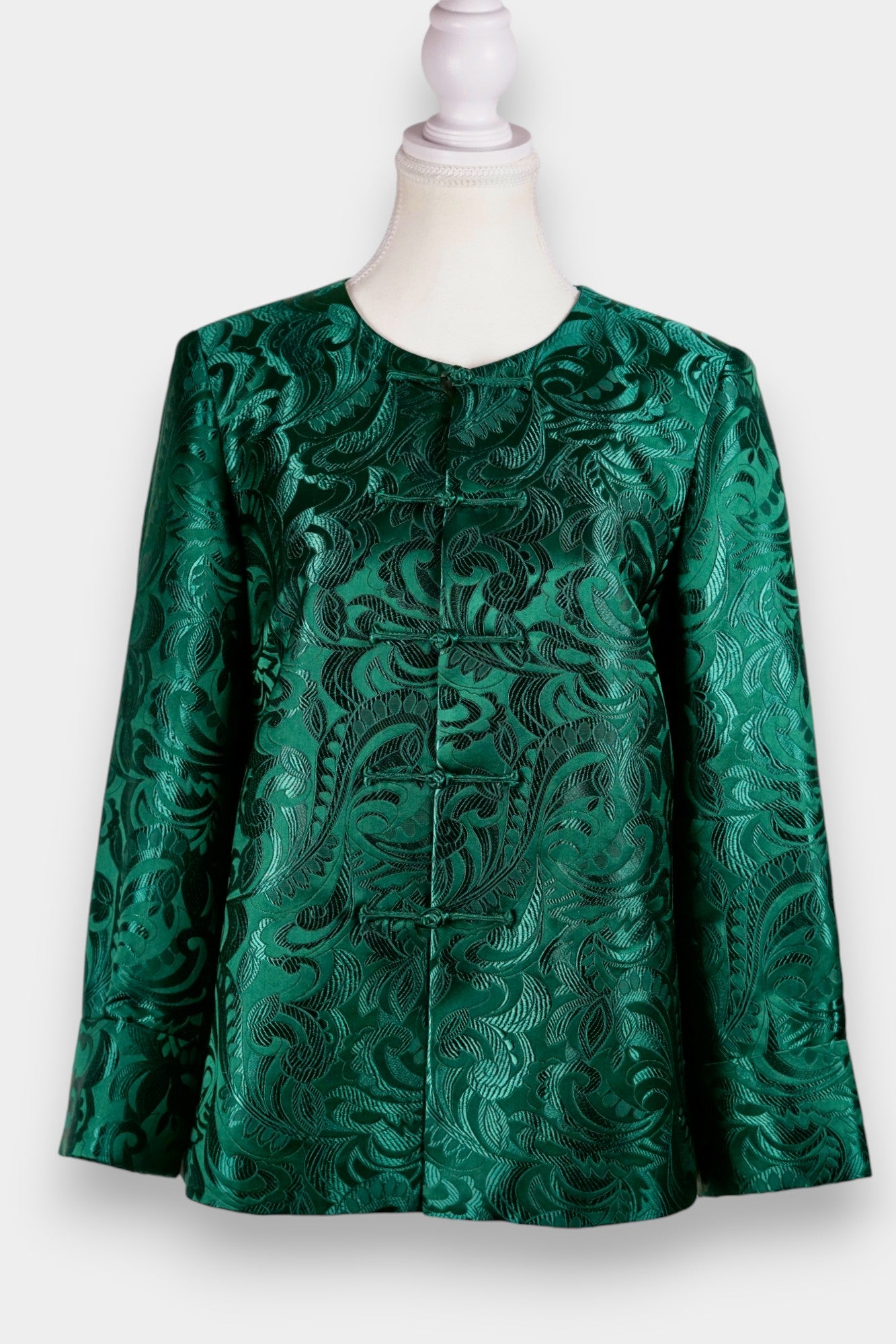 Handcrafted Emerald Brocade Silk Jacket | Artisanal Outerwear with Knot Buttons