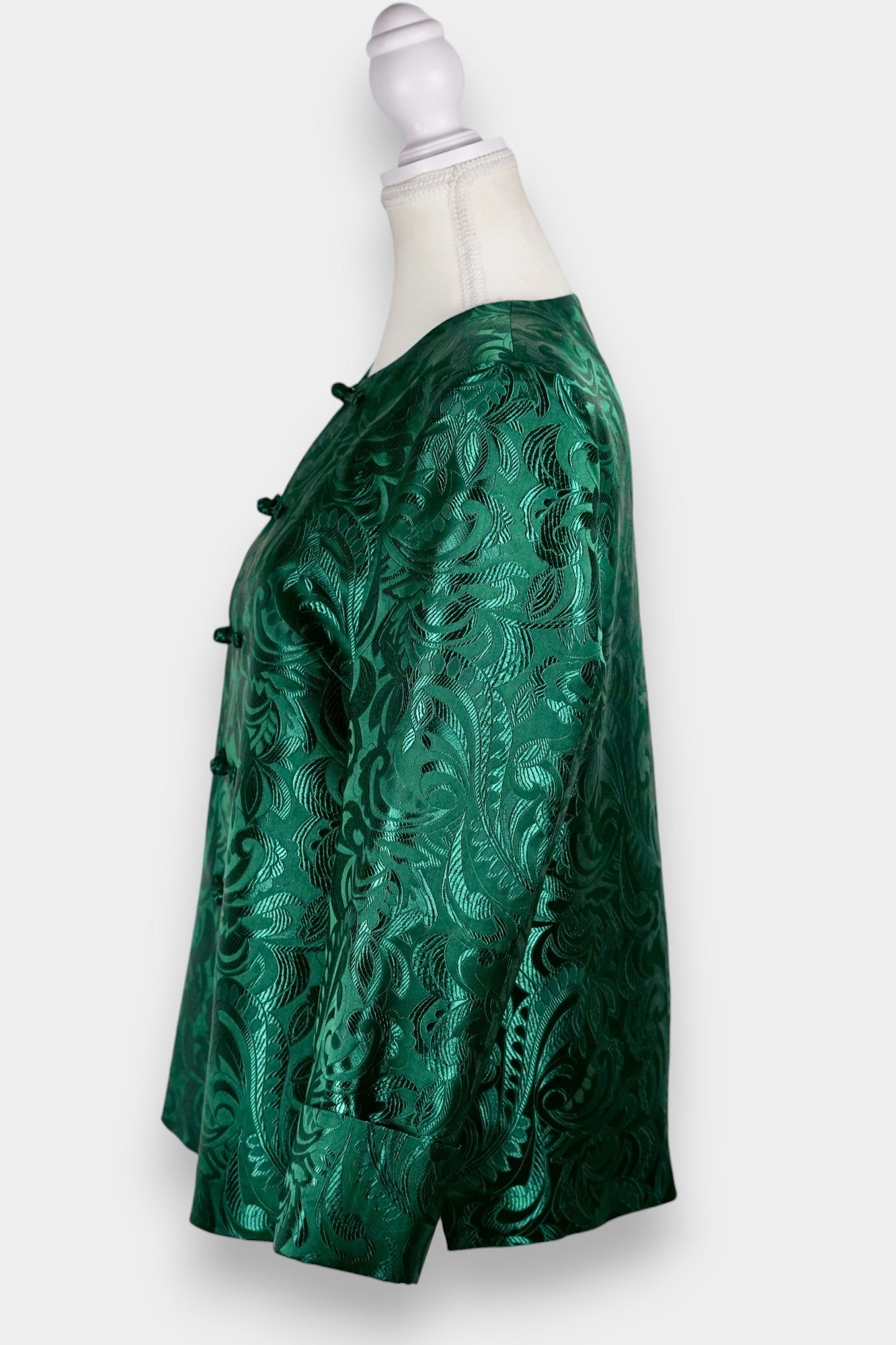 Handcrafted Emerald Brocade Silk Jacket | Artisanal Outerwear with Knot Buttons