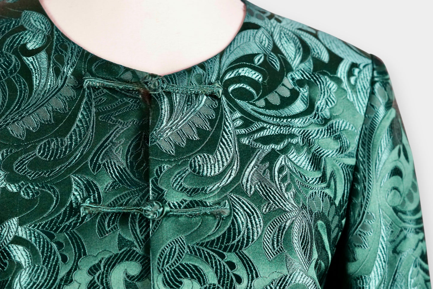 Handcrafted Emerald Brocade Silk Jacket | Artisanal Outerwear with Knot Buttons
