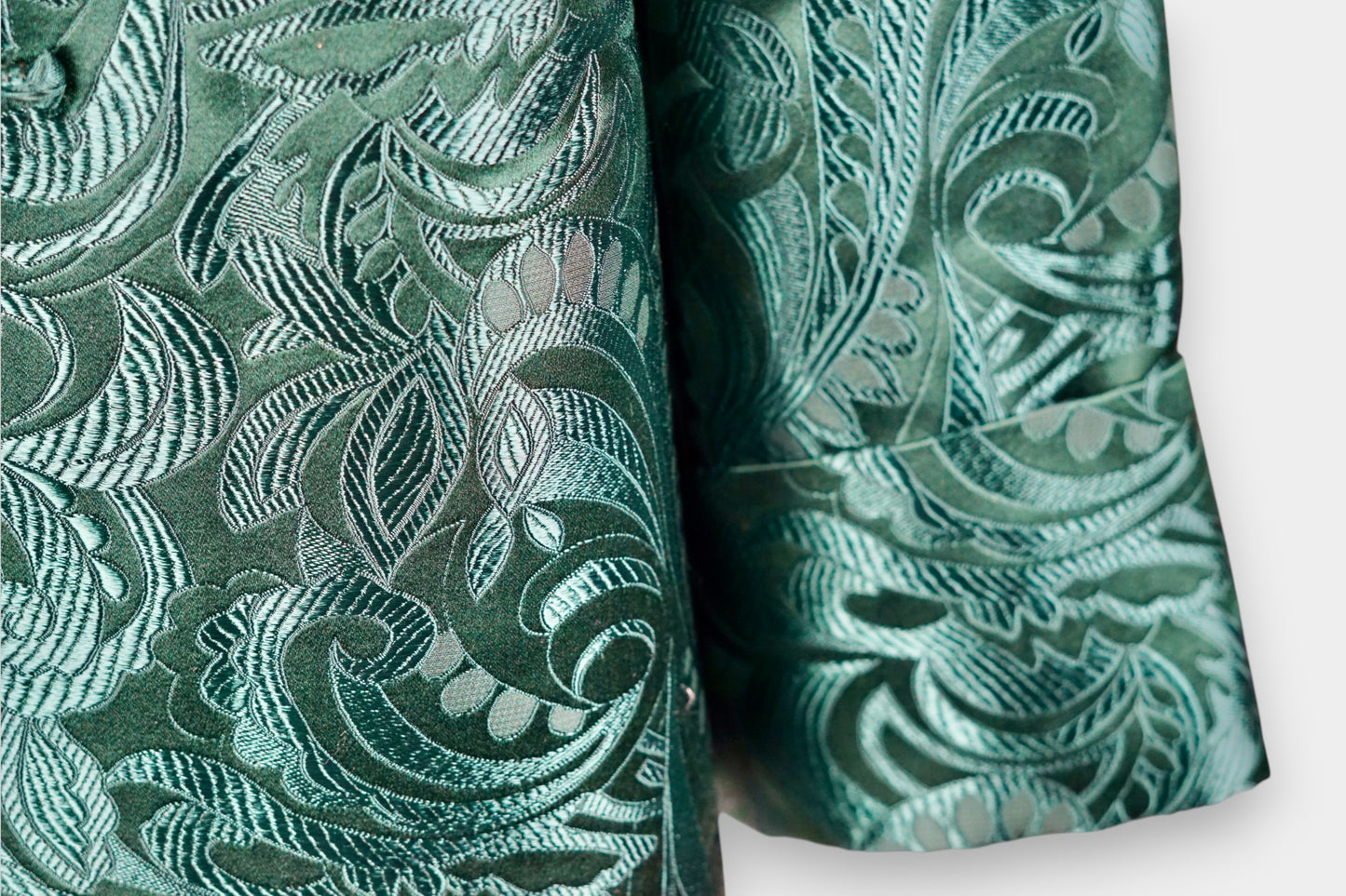 Handcrafted Emerald Brocade Silk Jacket | Artisanal Outerwear with Knot Buttons