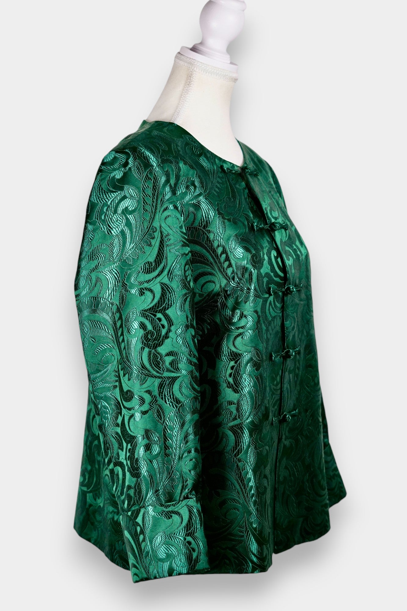 Handcrafted Emerald Brocade Silk Jacket | Artisanal Outerwear with Knot Buttons