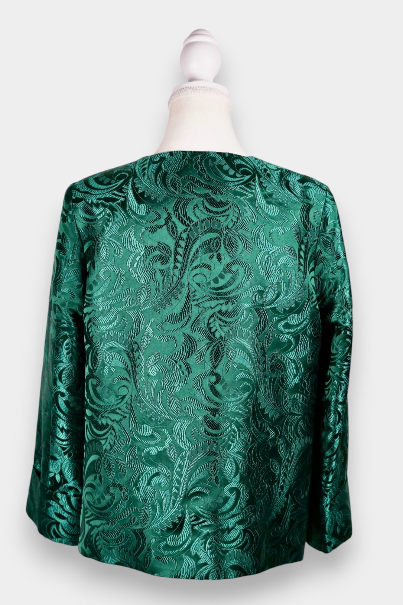 Handcrafted Emerald Brocade Silk Jacket | Artisanal Outerwear with Knot Buttons