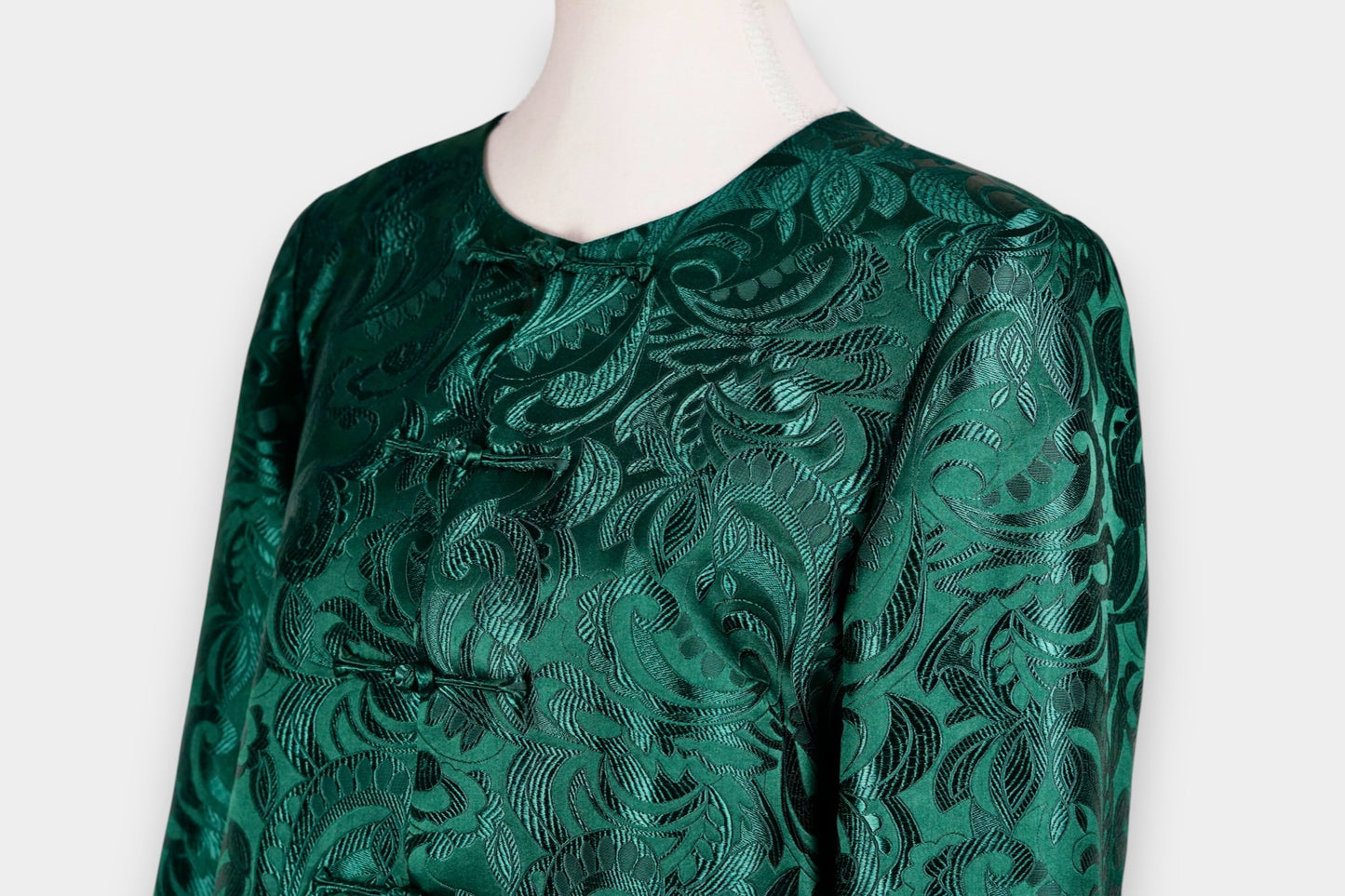Handcrafted Emerald Brocade Silk Jacket | Artisanal Outerwear with Knot Buttons