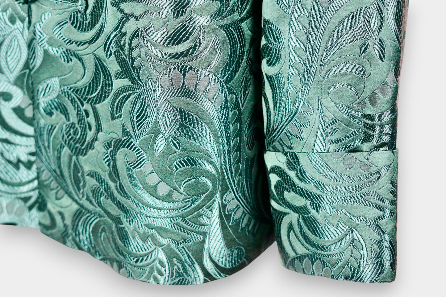 Handcrafted Emerald Brocade Silk Jacket | Artisanal Outerwear with Knot Buttons