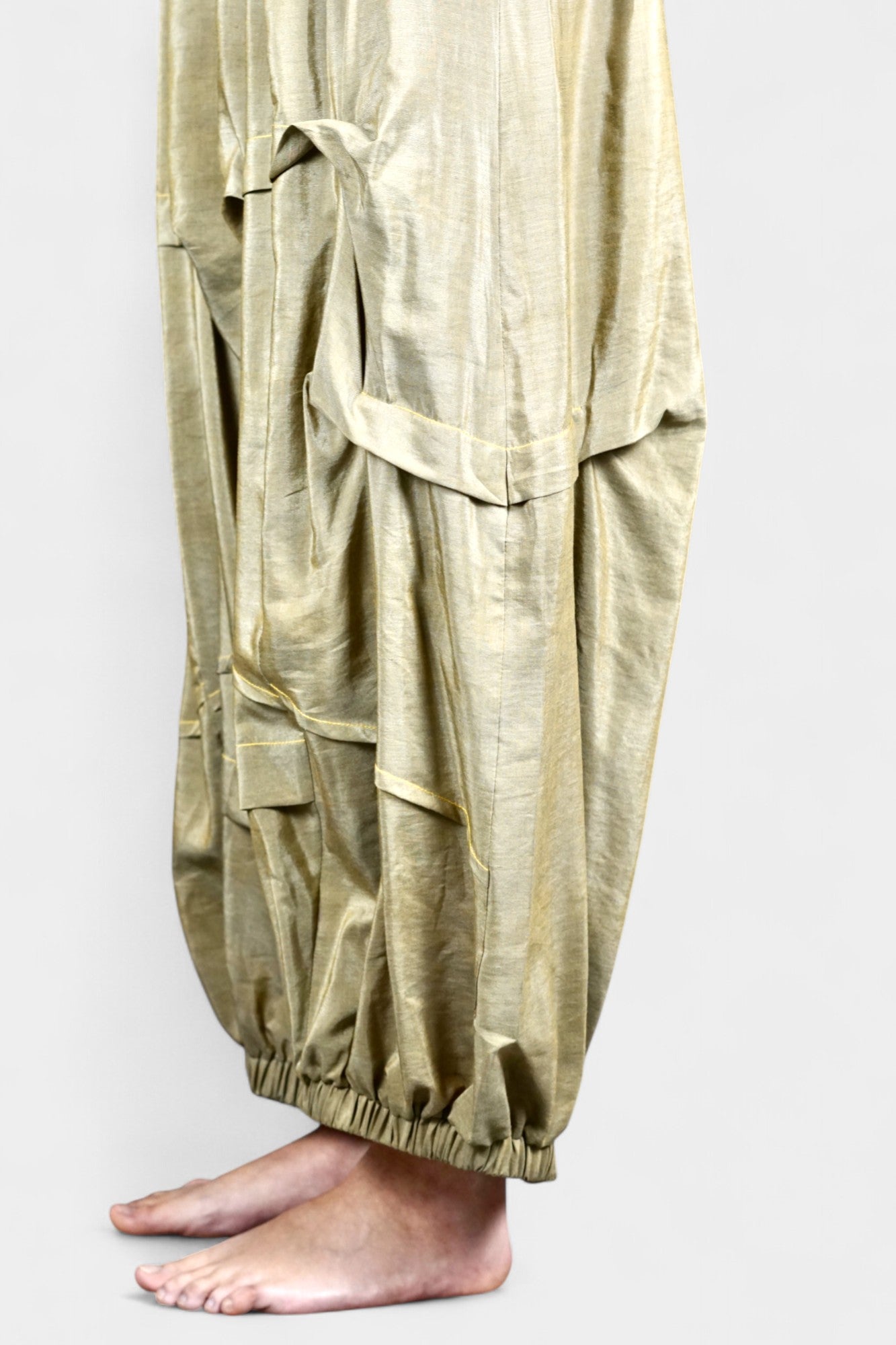 Khaki Green Tussah Silk Balloon Pants | Lightweight & Breathable