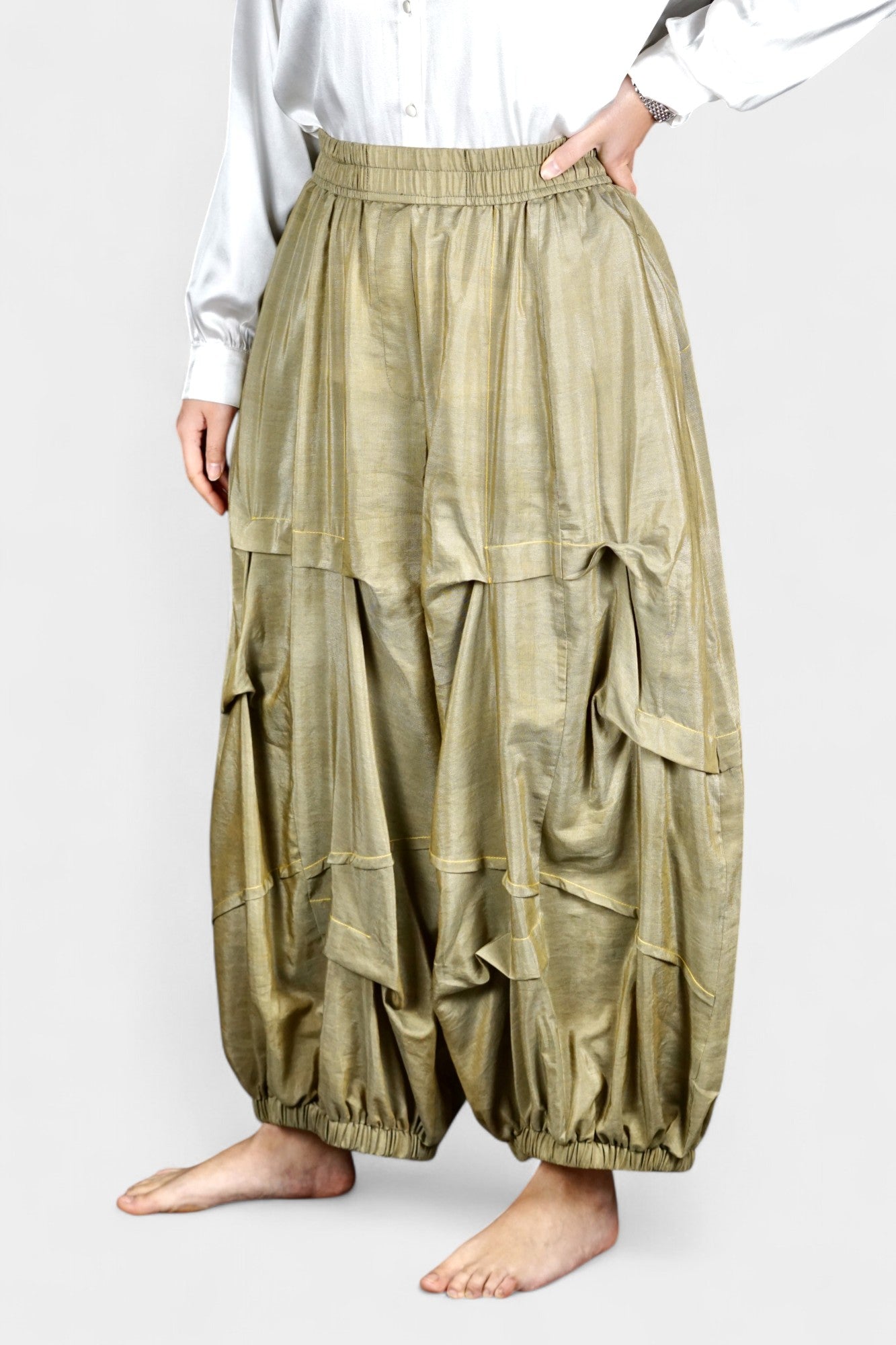 Khaki Green Tussah Silk Balloon Pants | Lightweight & Breathable
