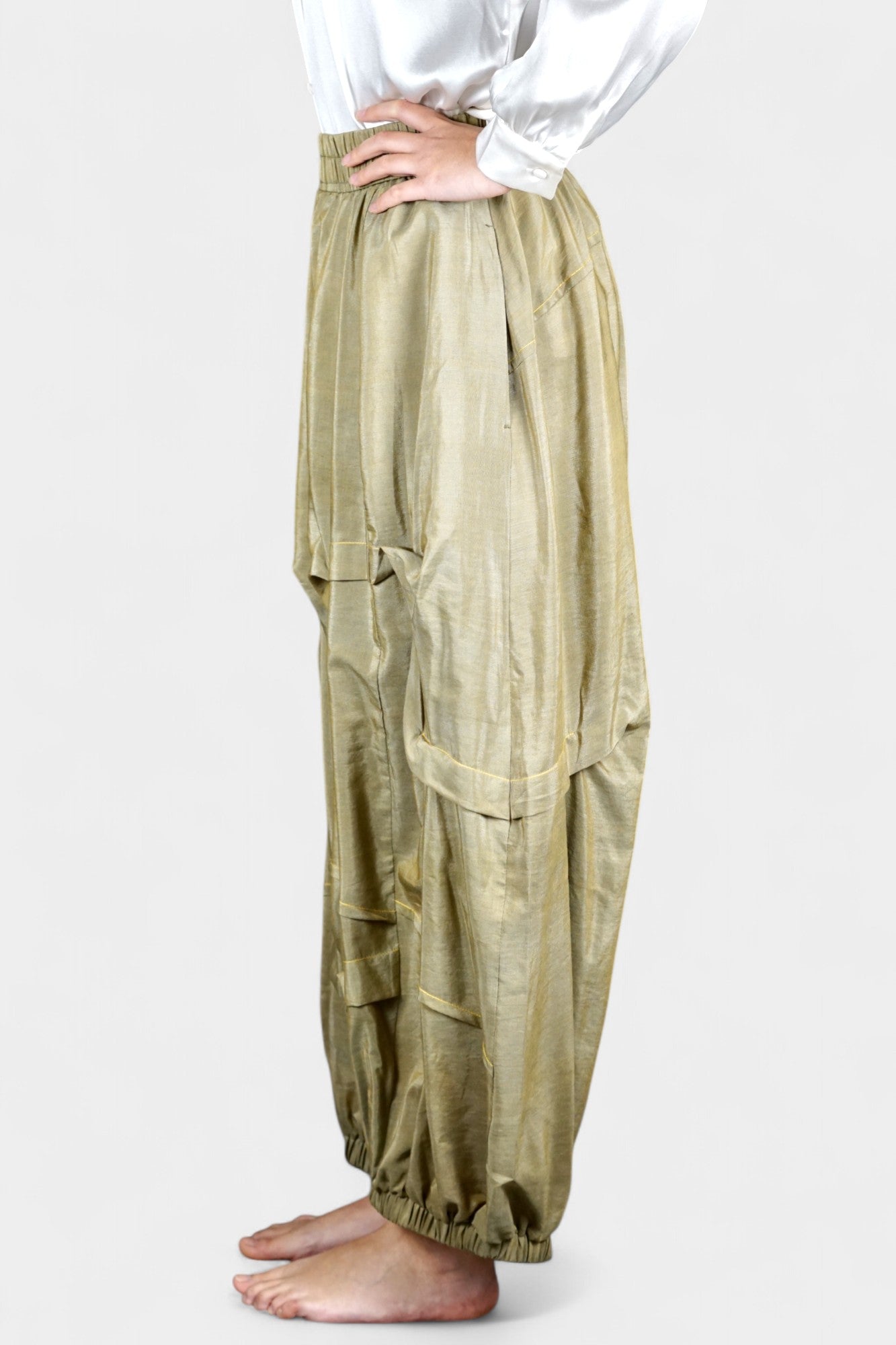 Khaki Green Tussah Silk Balloon Pants | Lightweight & Breathable