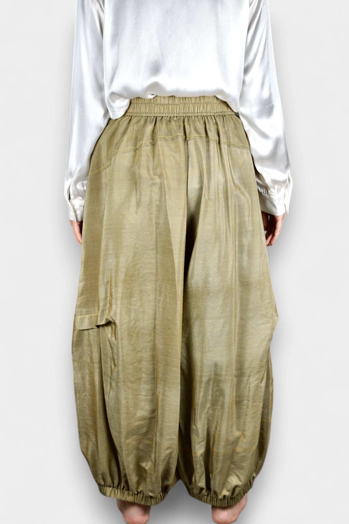Khaki Green Tussah Silk Balloon Pants | Lightweight & Breathable