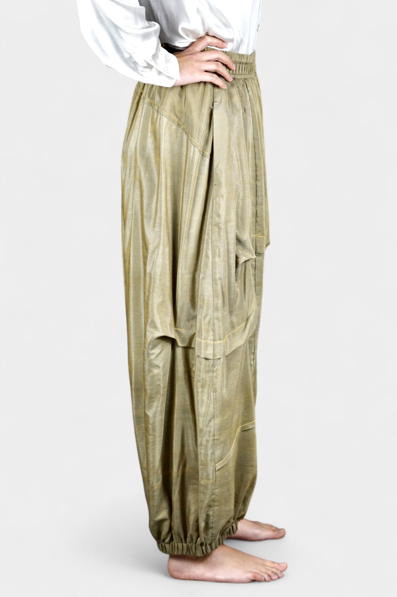 Khaki Green Tussah Silk Balloon Pants | Lightweight & Breathable
