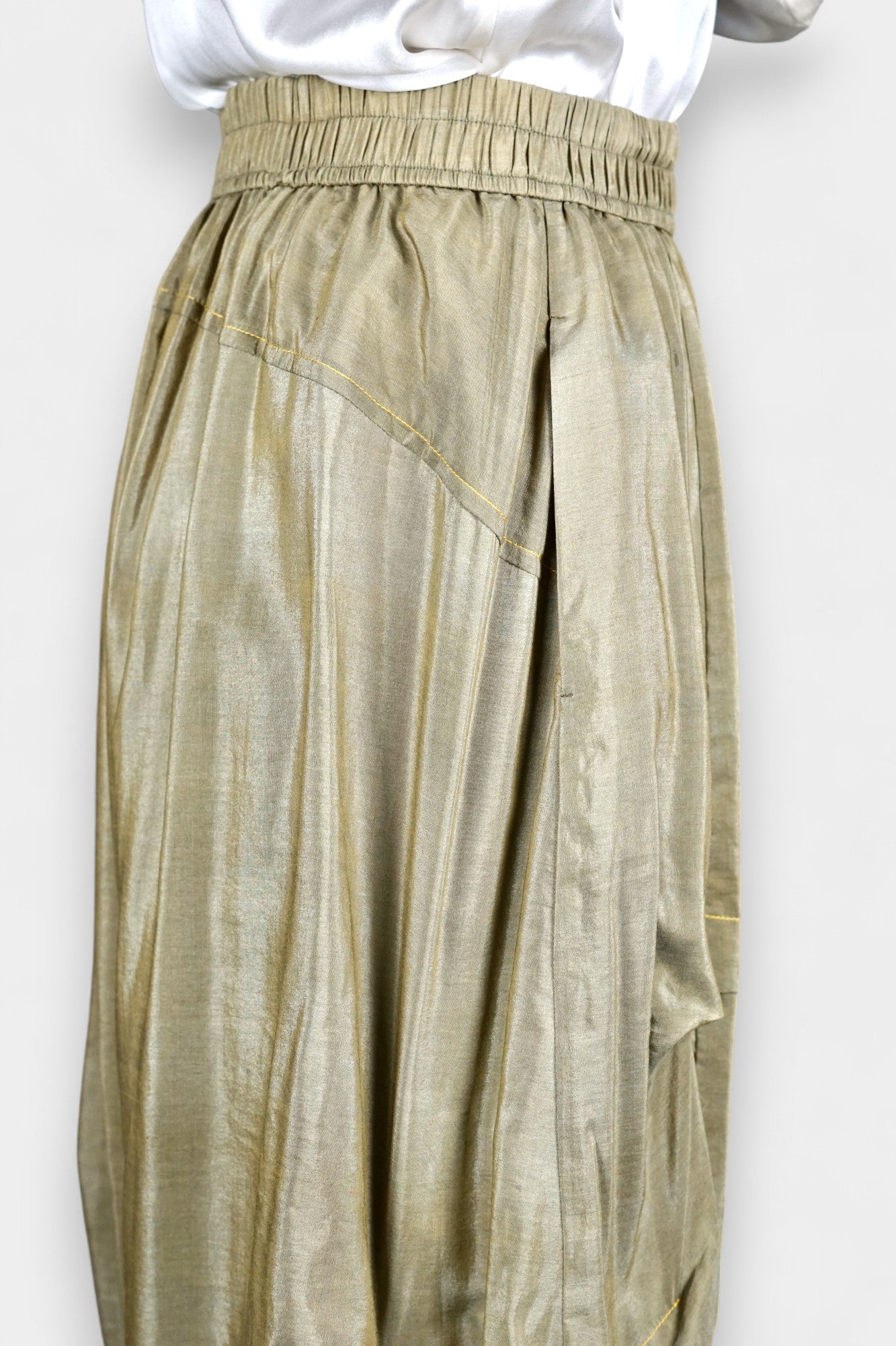 Khaki Green Tussah Silk Balloon Pants | Lightweight & Breathable