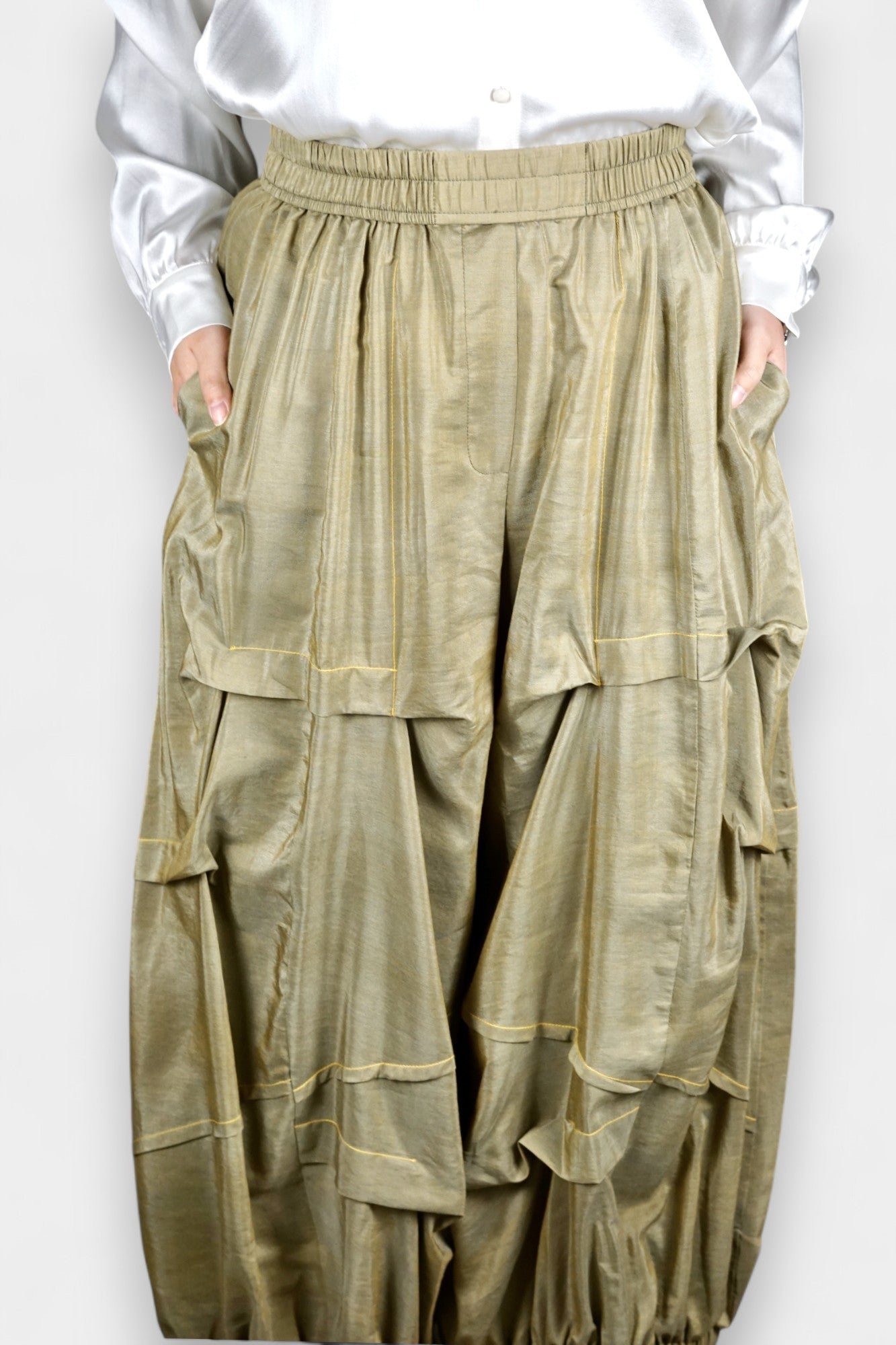 Khaki Green Tussah Silk Balloon Pants | Lightweight & Breathable