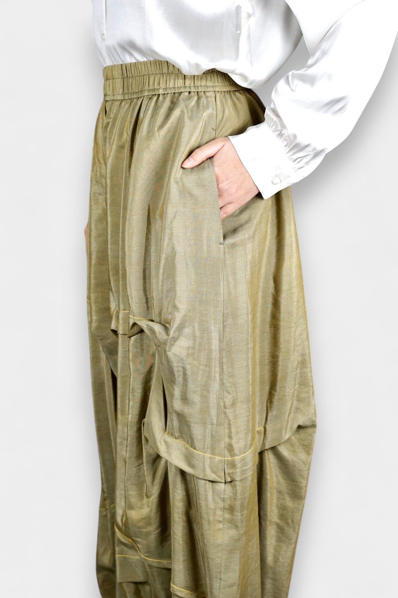 Khaki Green Tussah Silk Balloon Pants | Lightweight & Breathable