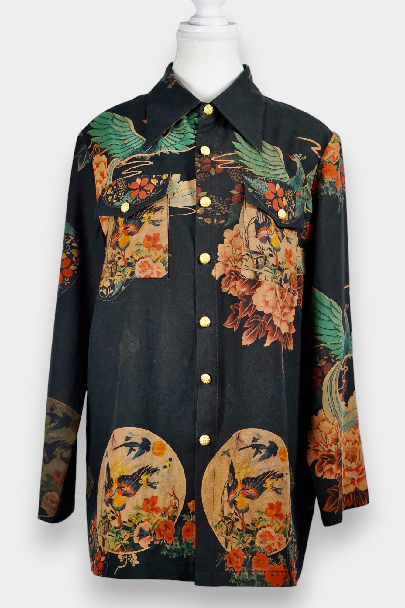 Printed Gambiered Guangdong Gauze Shirt | Dragon & Phoenix Print