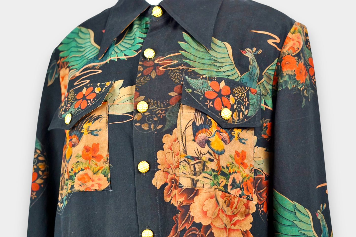 Printed Gambiered Guangdong Gauze Shirt | Dragon & Phoenix Print