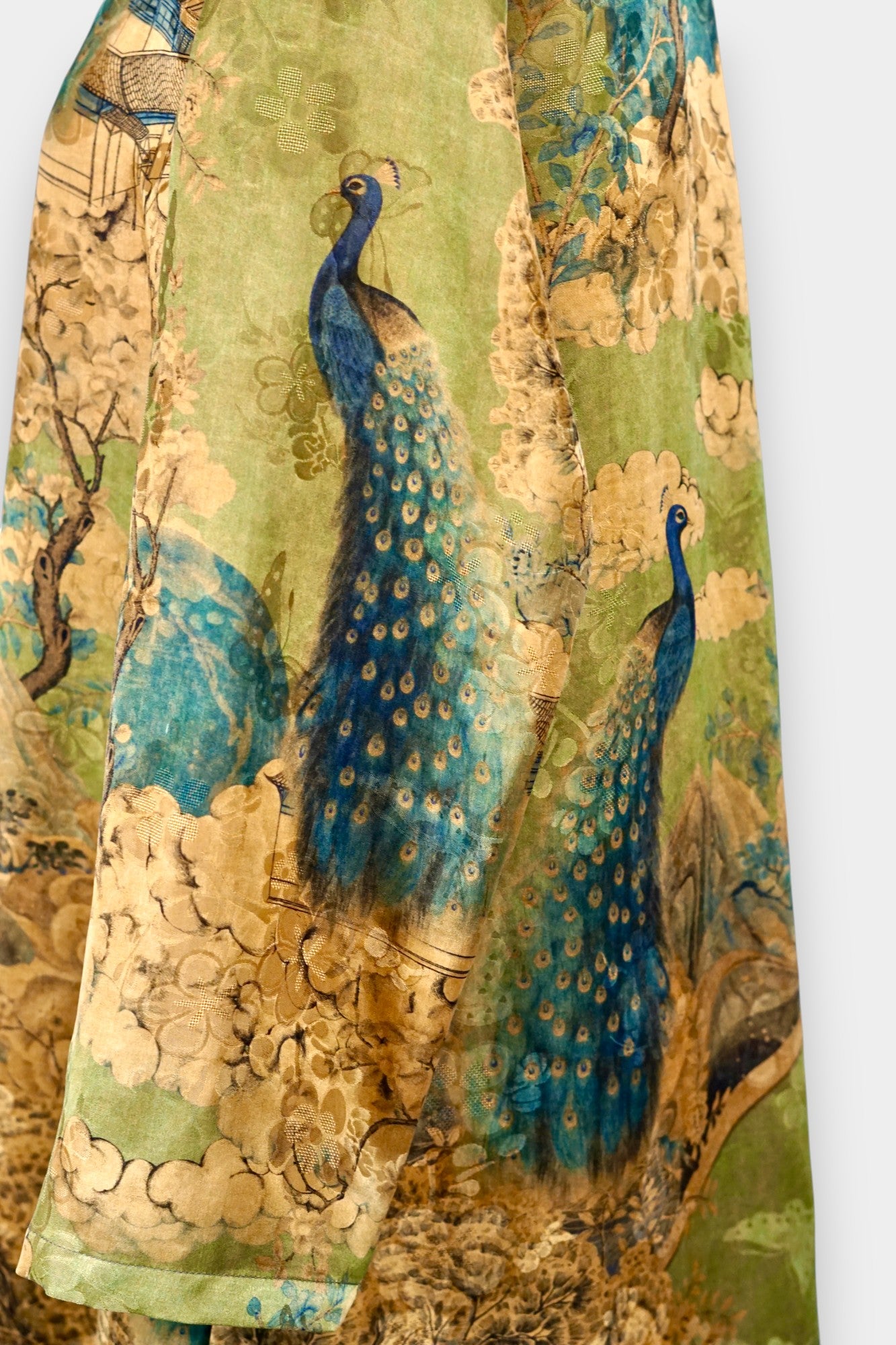Gambiered Guangdong Gauze Silk Dress | Peacock Garden Print