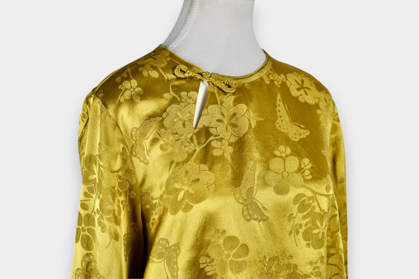 Handmade Mulberry Silk Jacquard Top | Long Sleeve Blouse with Knot Buttons