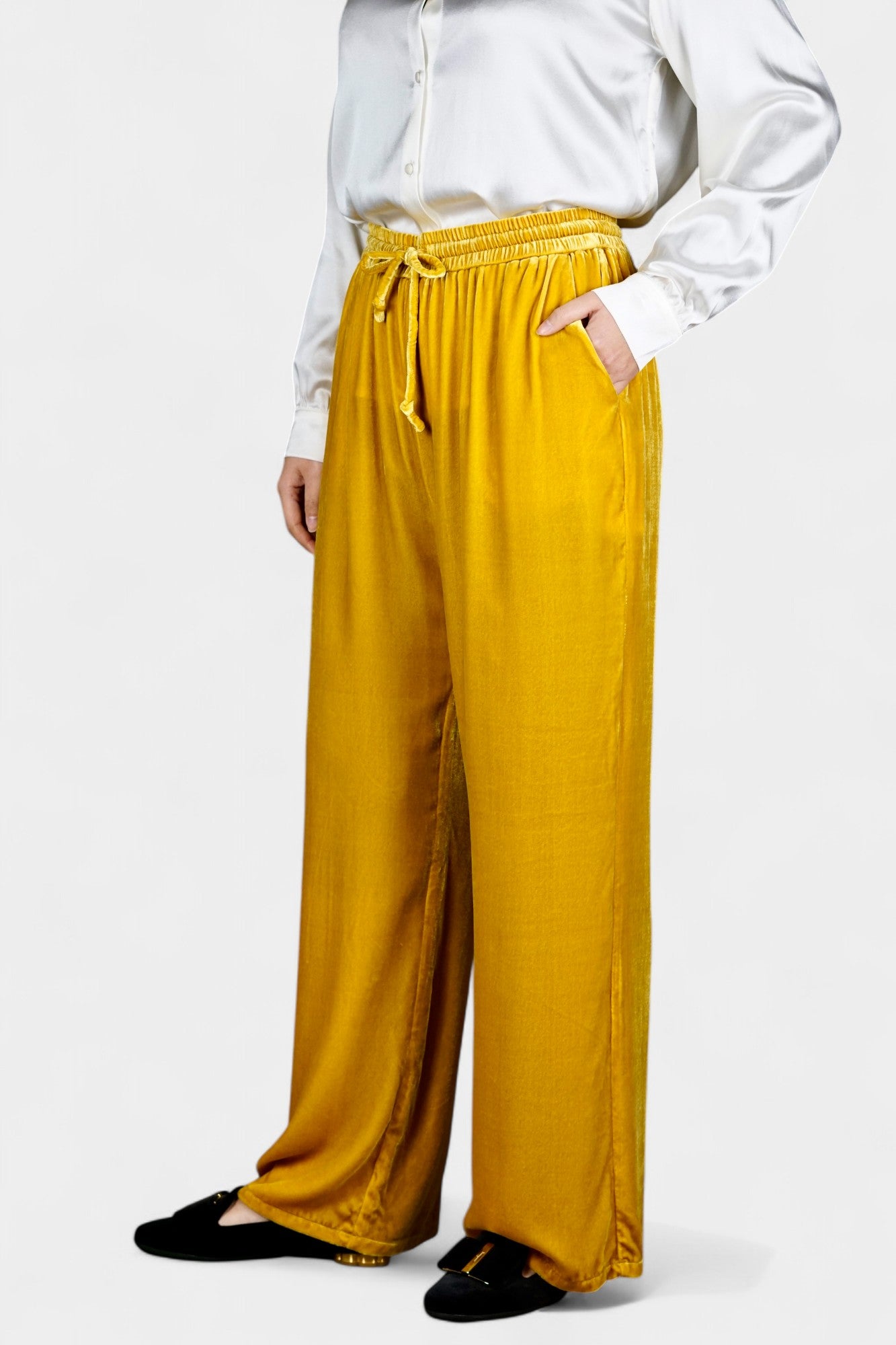Silk Velvet Relaxed-Fit Trousers in Marigold Yellow