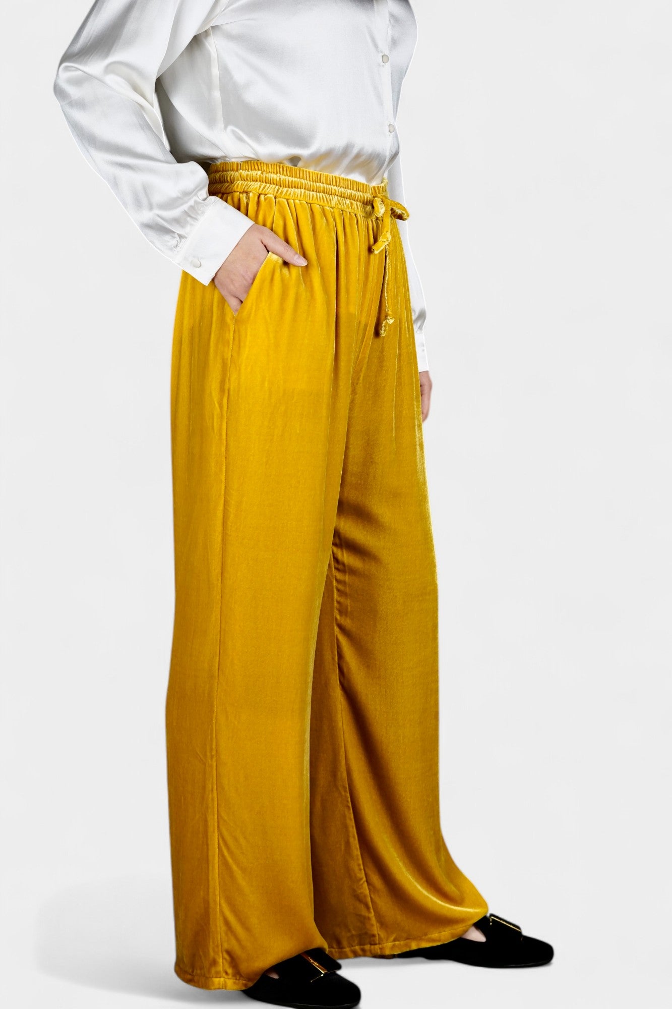 Silk Velvet Relaxed-Fit Trousers in Marigold Yellow