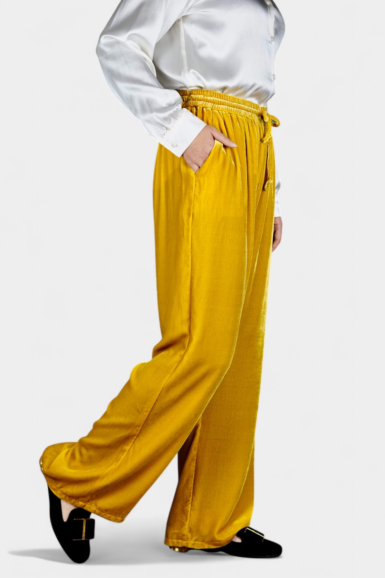 Silk Velvet Relaxed-Fit Trousers in Marigold Yellow