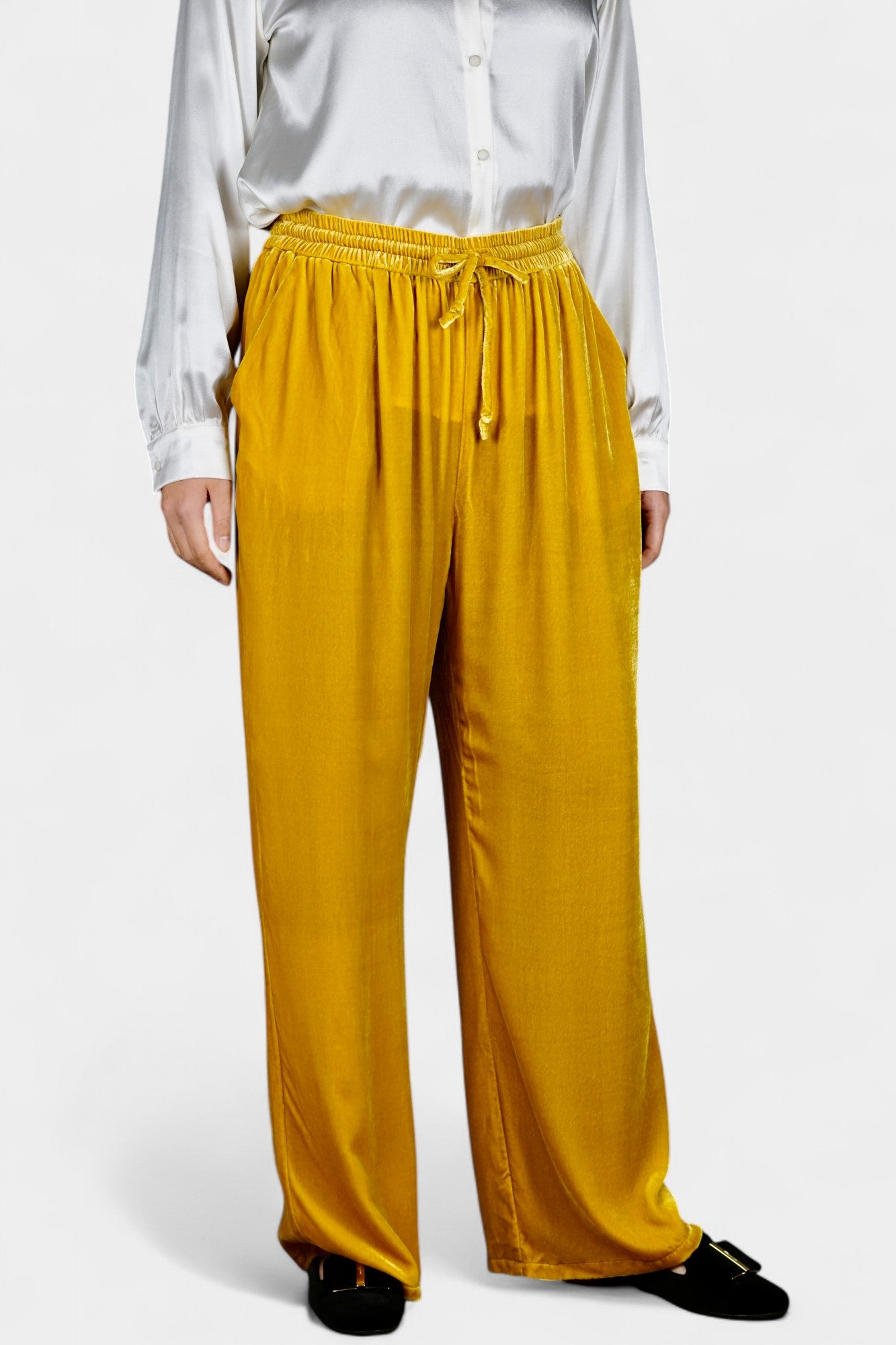 Silk Velvet Relaxed-Fit Trousers in Marigold Yellow