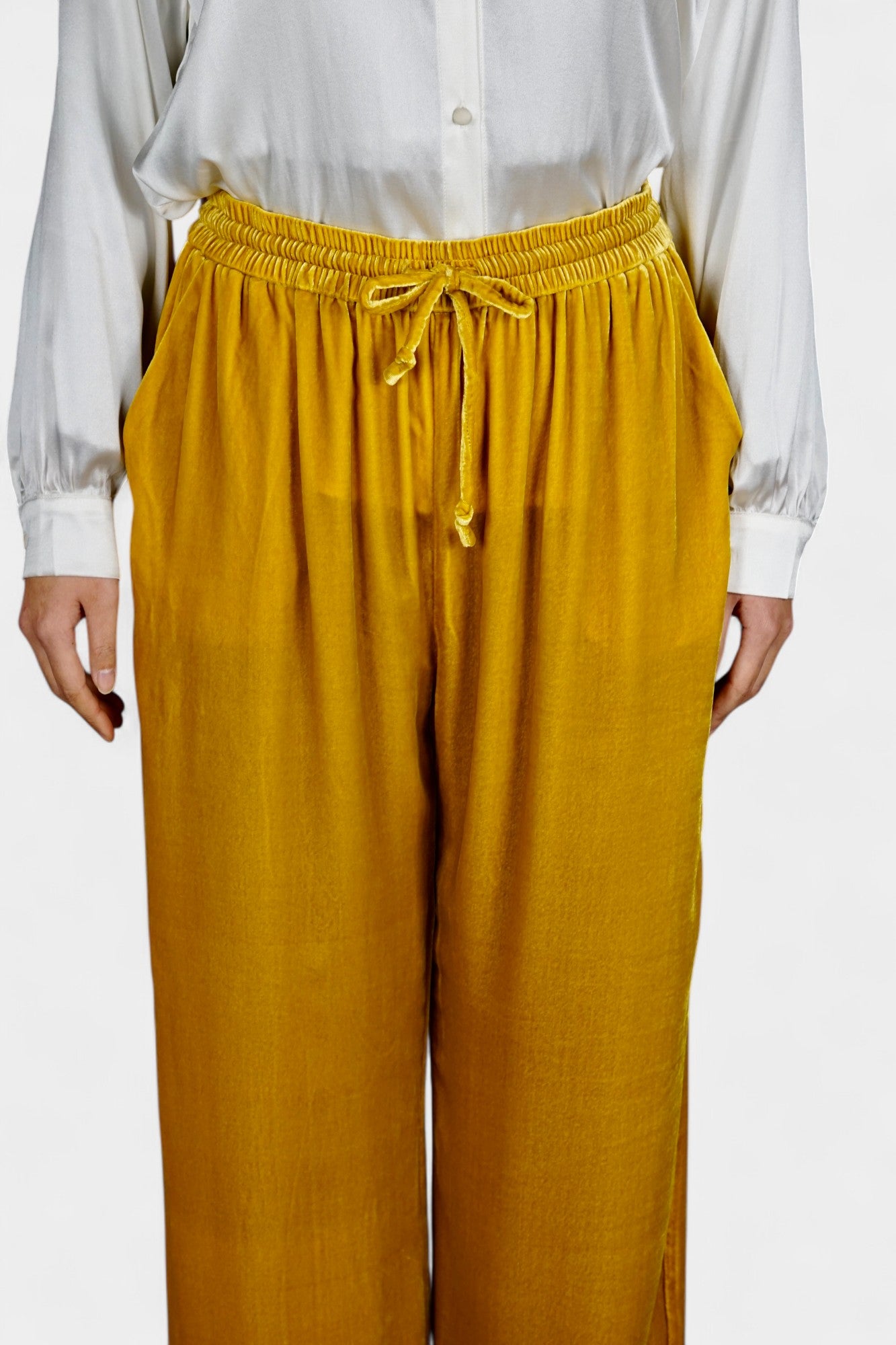 Silk Velvet Relaxed-Fit Trousers in Marigold Yellow