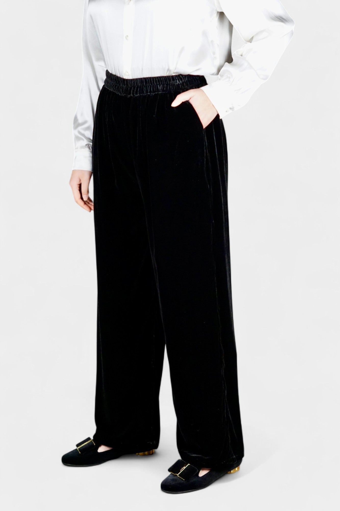 Silk Velvet Relaxed-Fit Trousers in Black & Khaki Green