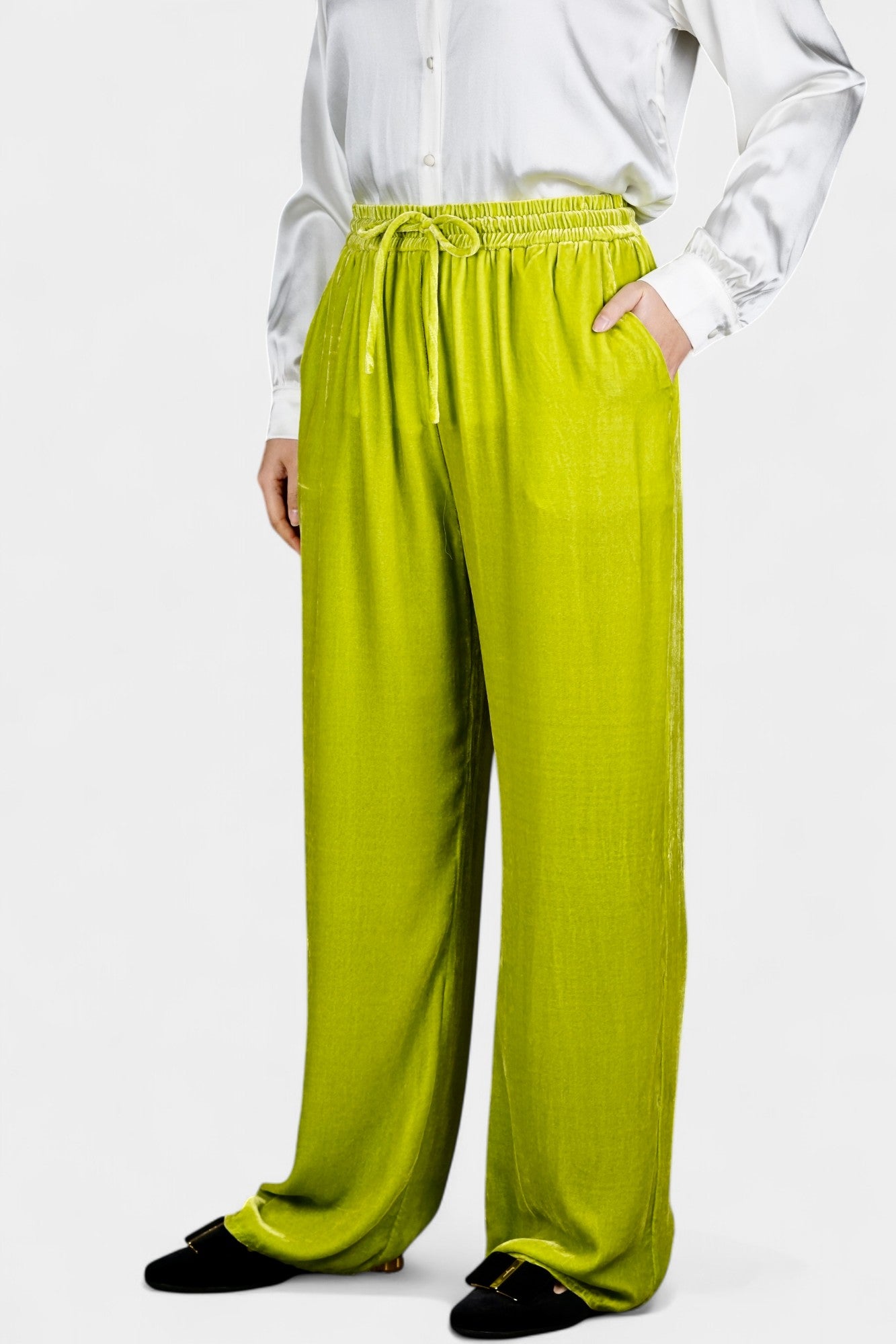 Velvet Wide-Leg Casual Pants | Lime Green Trousers
