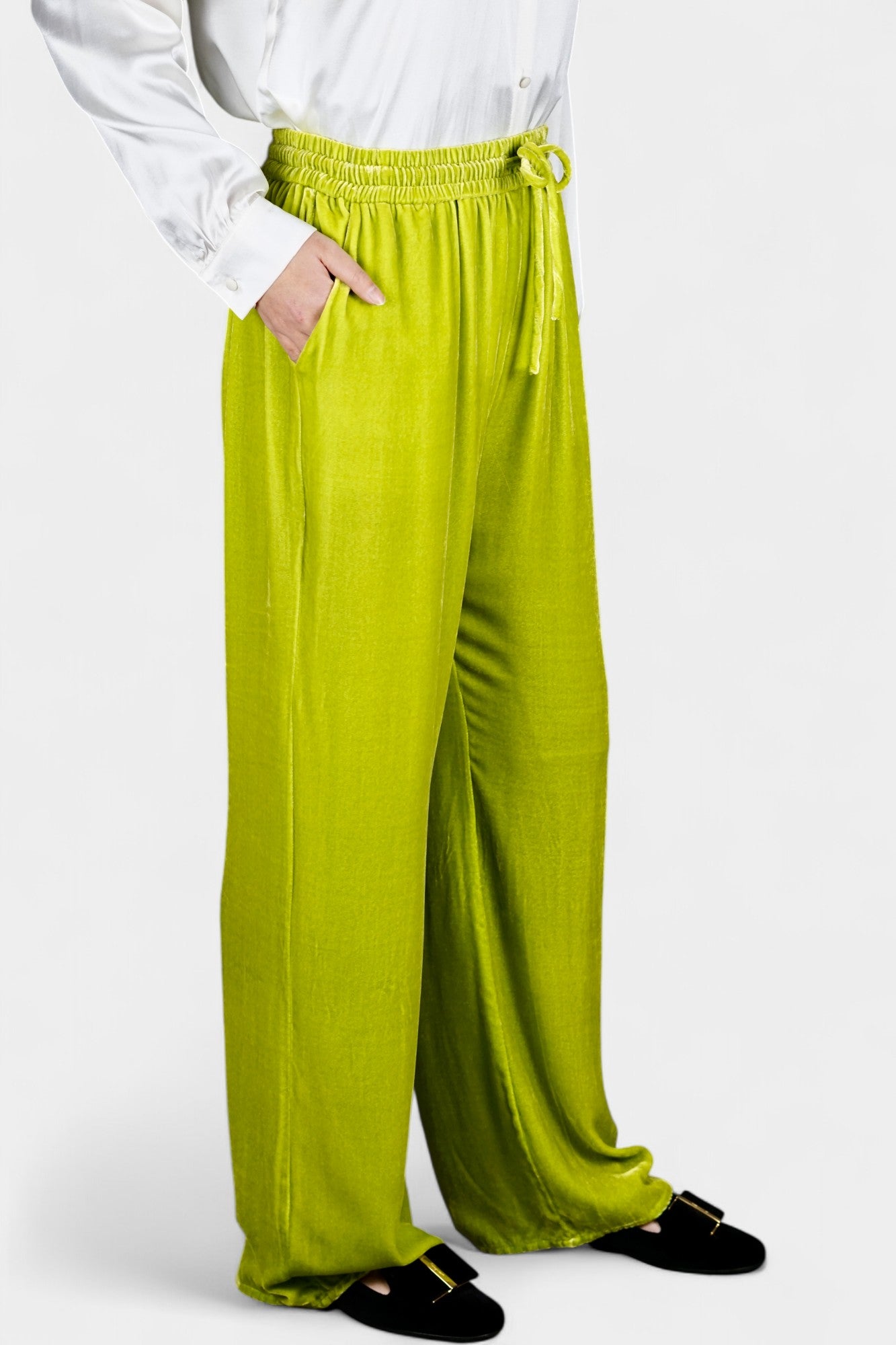 Velvet Wide-Leg Casual Pants | Lime Green Trousers