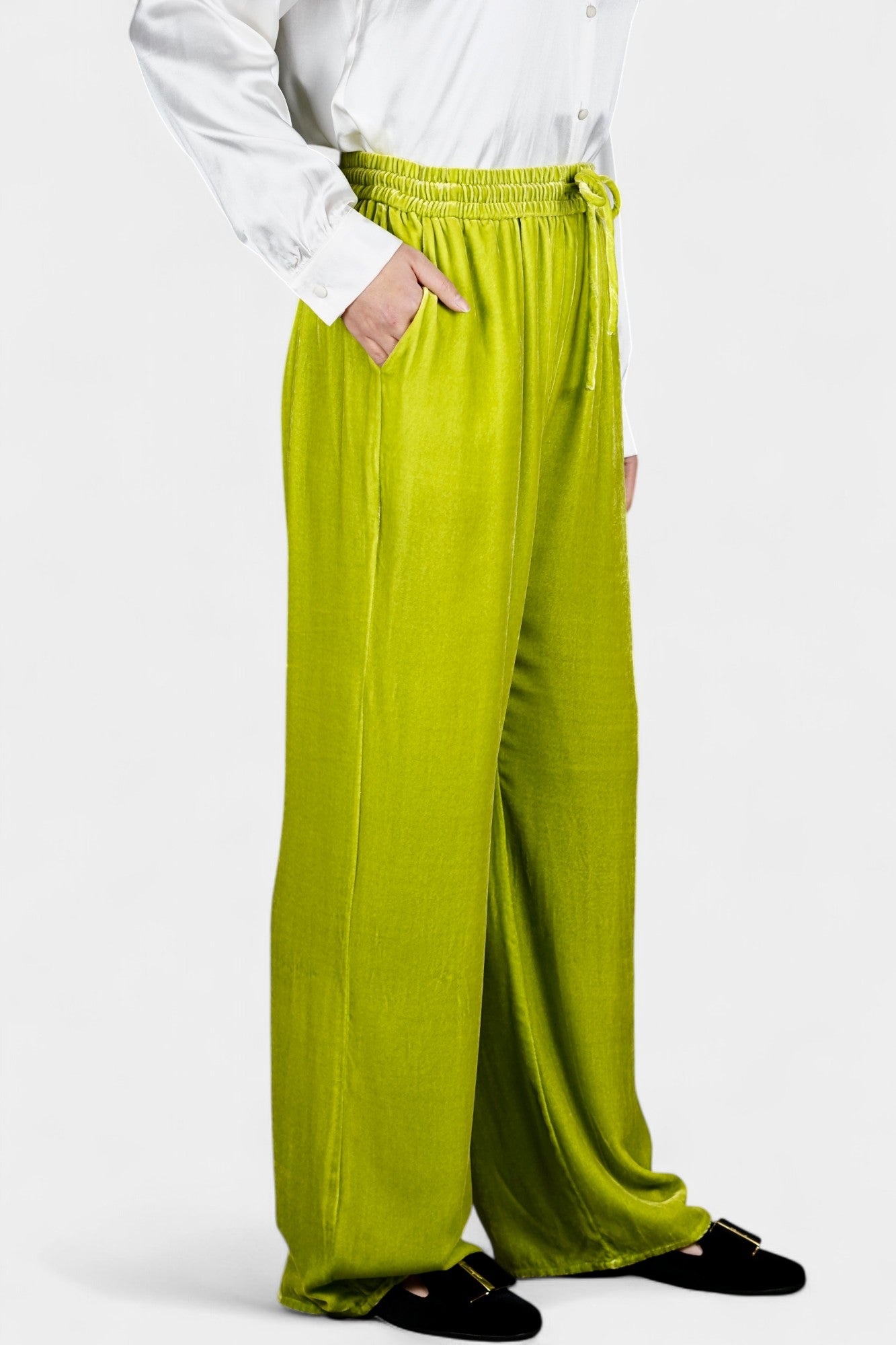 Velvet Wide-Leg Casual Pants | Lime Green Trousers