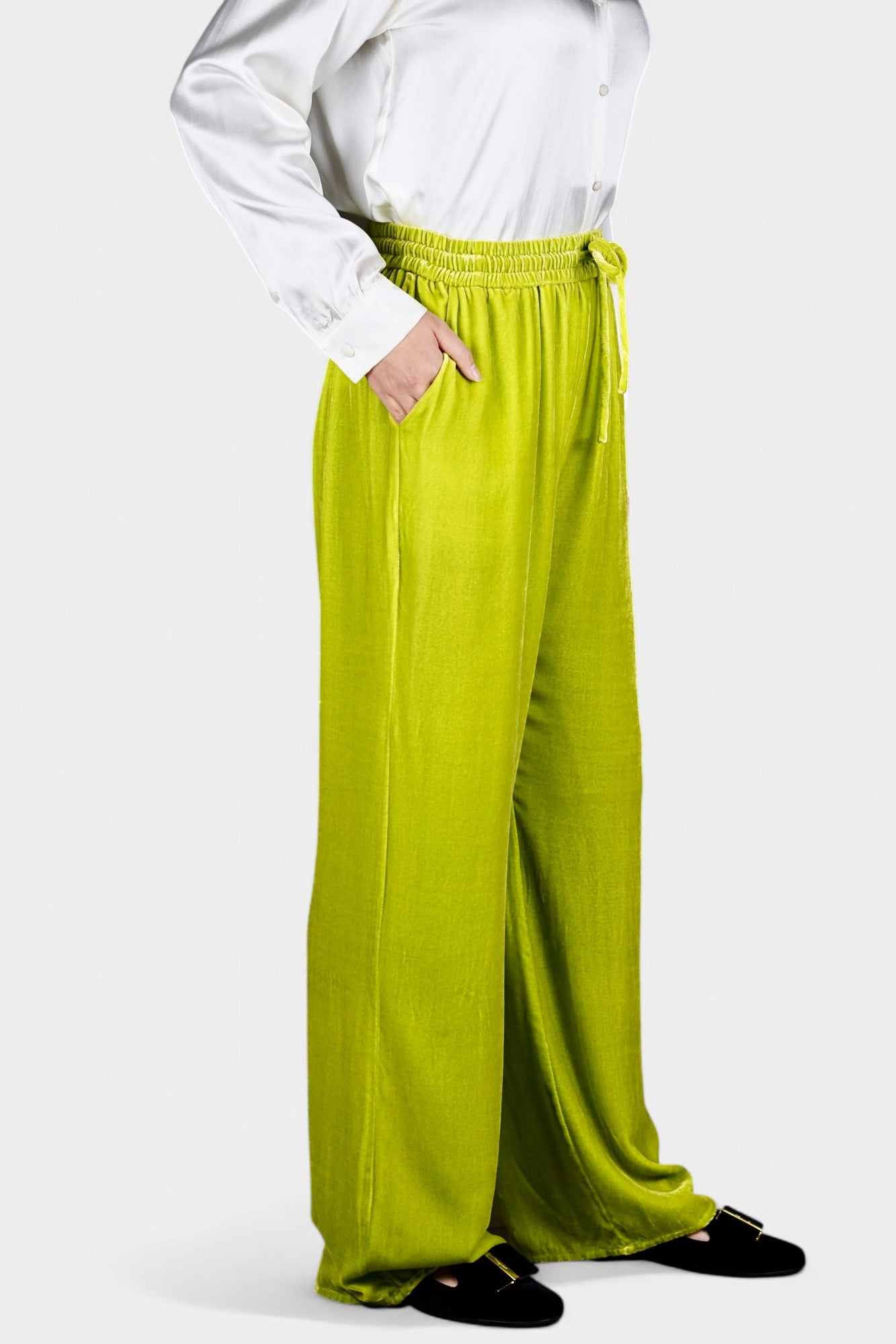Velvet Wide-Leg Casual Pants | Lime Green Trousers