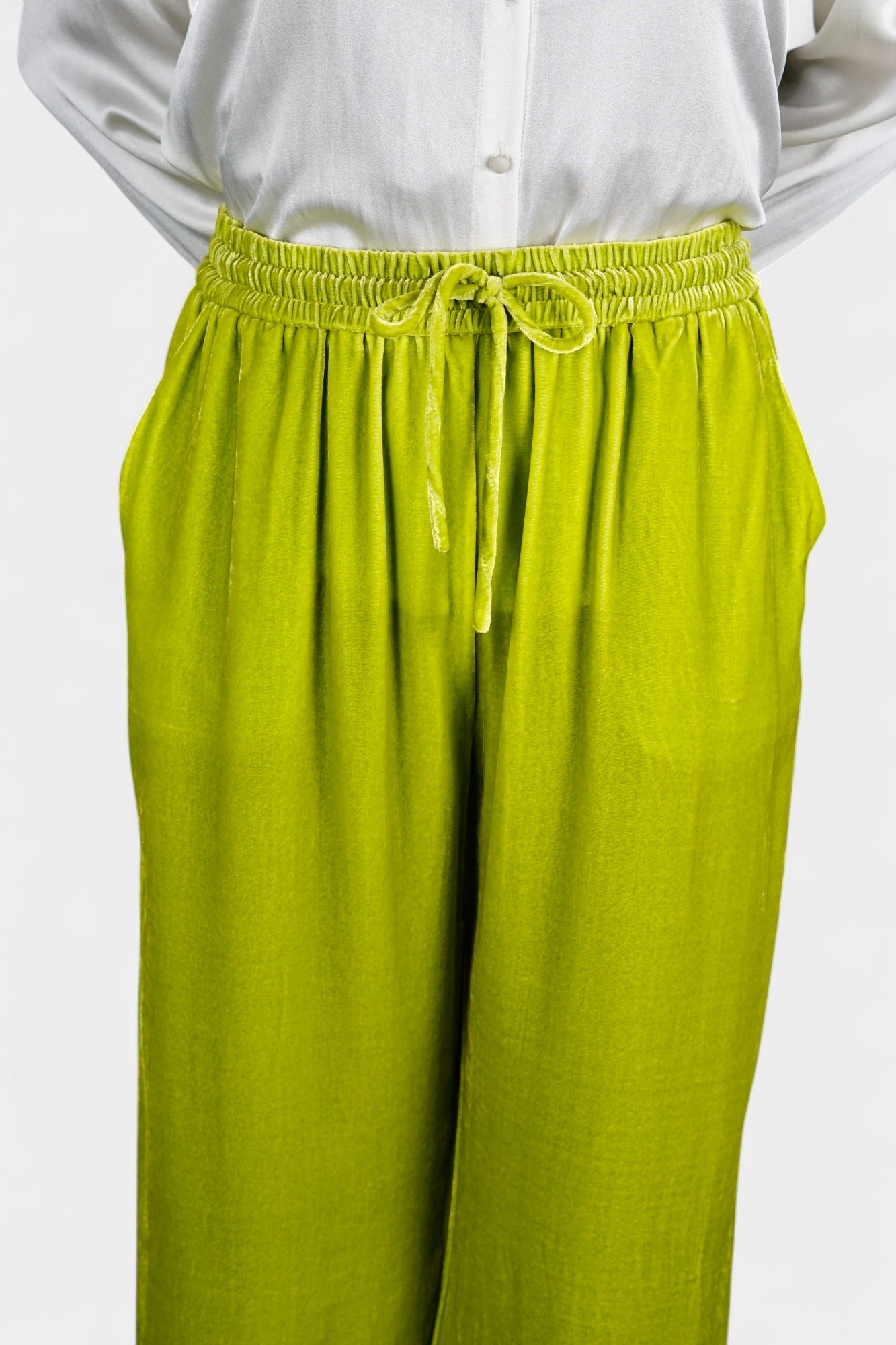 Velvet Wide-Leg Casual Pants | Lime Green Trousers