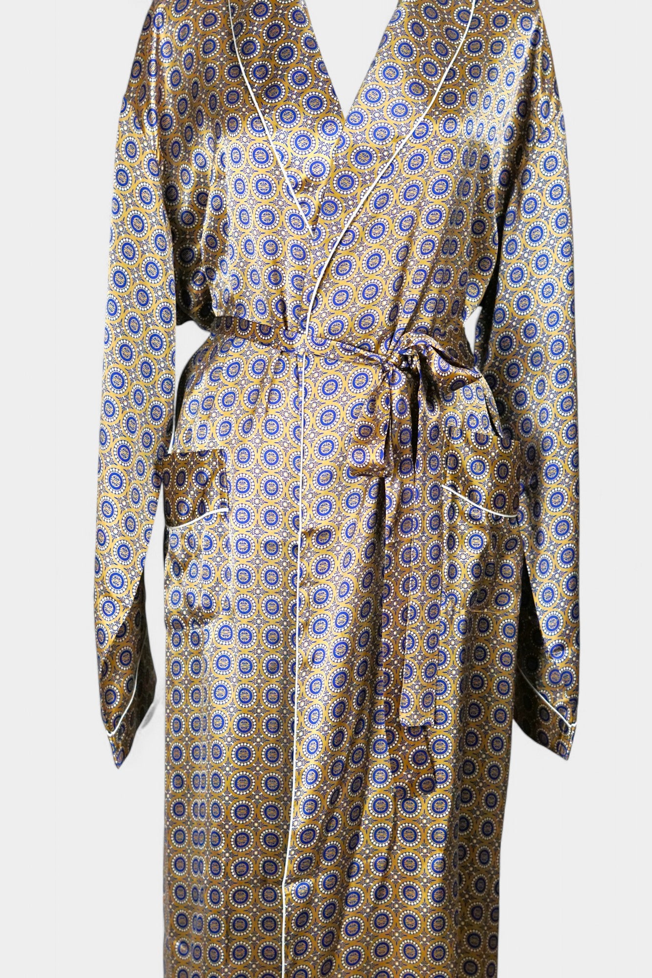 Mulberry Silk Robe | Gold & Blue Print | Long Dressing Gown
