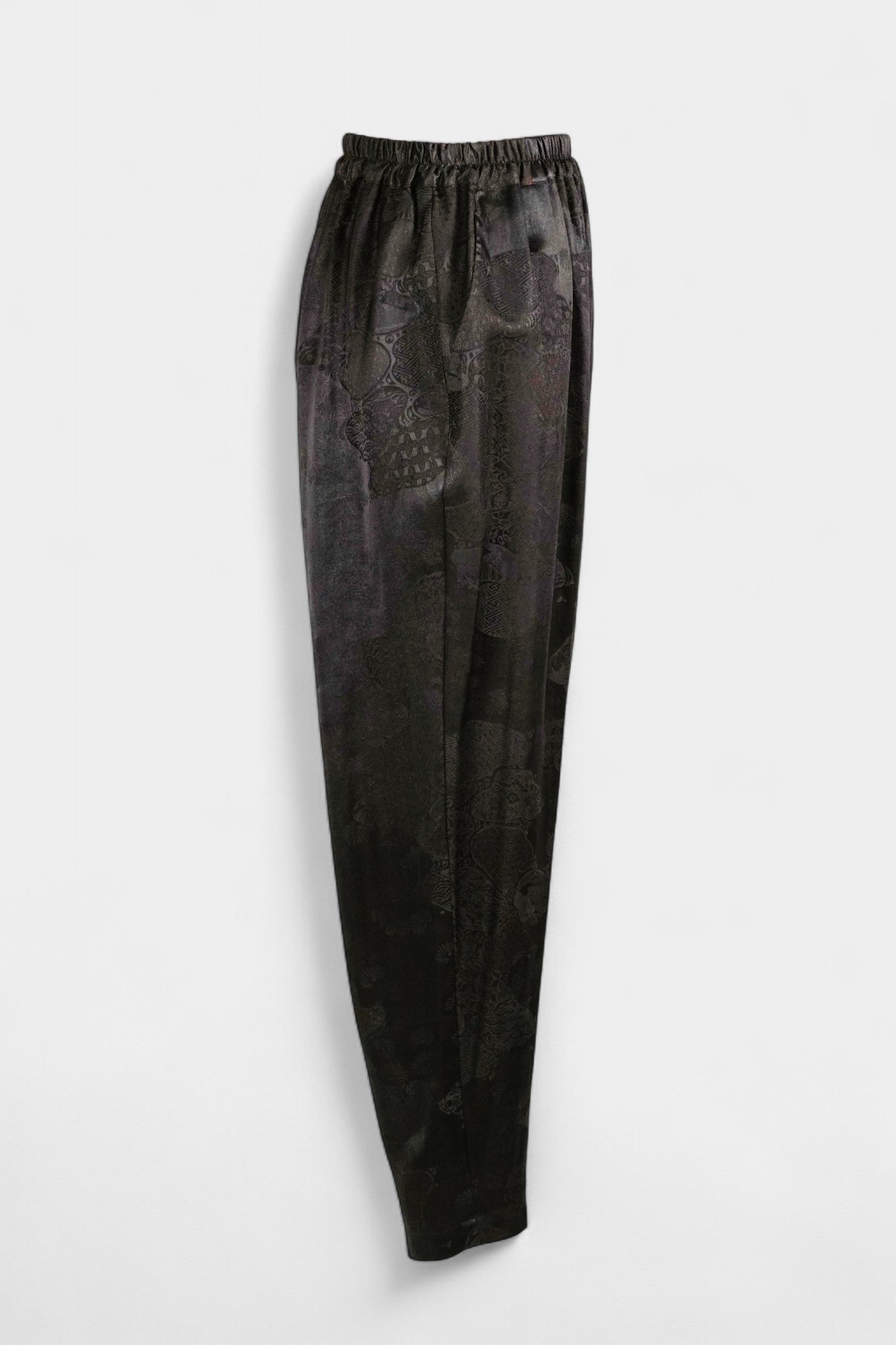 Handmade Gambiered Guangdong Gauze Silk Trousers | Black Floral Weave