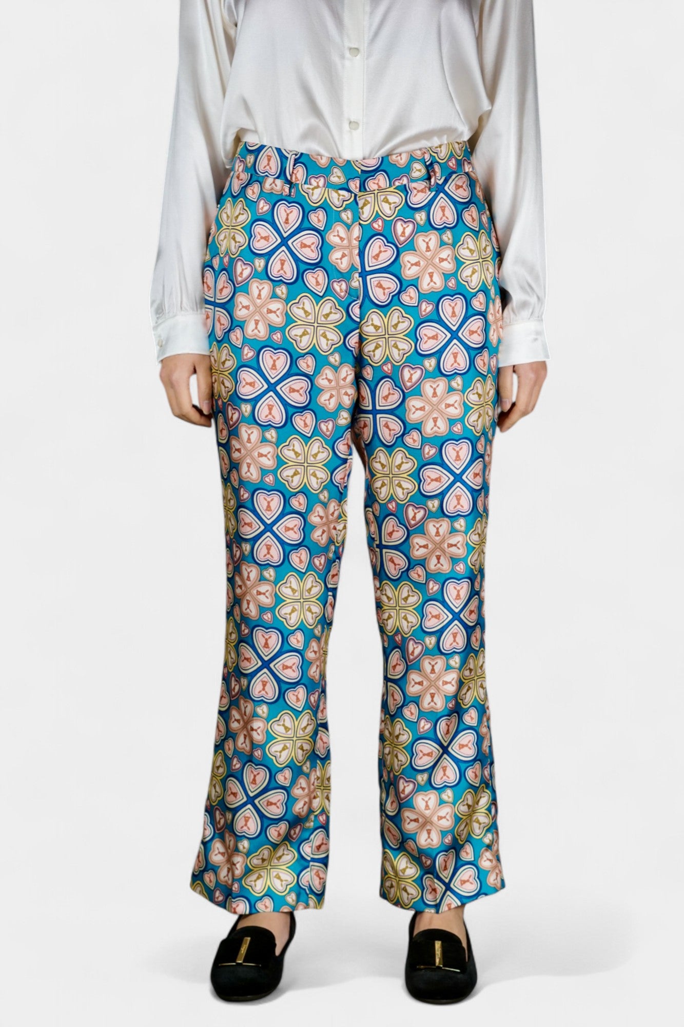 Made in Italy Mulberry Silk Trousers | Blue Floral Print