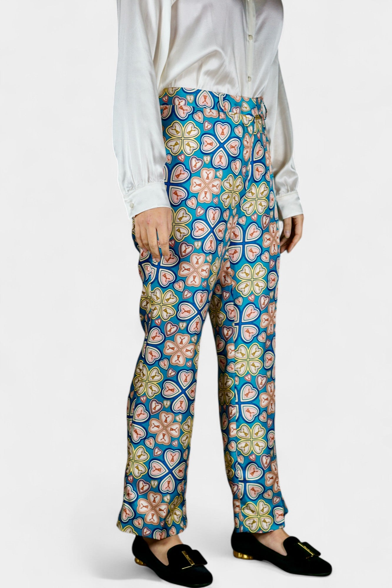 Made in Italy Mulberry Silk Trousers | Blue Floral Print