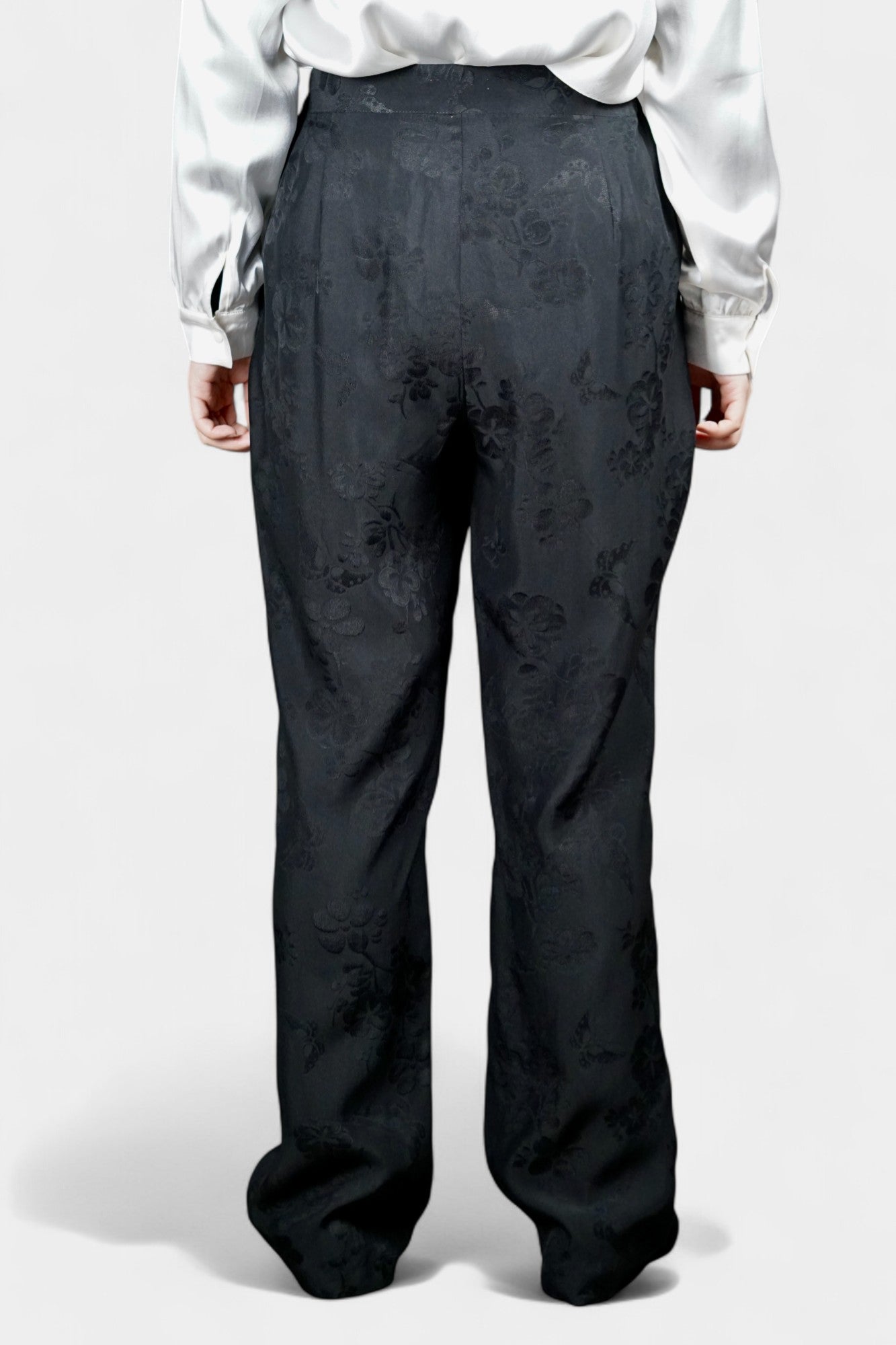 Handmade Mulberry Silk Trousers | Black Floral Jacquard