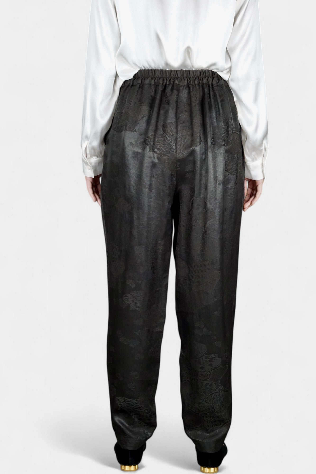 Handmade Gambiered Guangdong Gauze Silk Trousers | Black Floral Weave