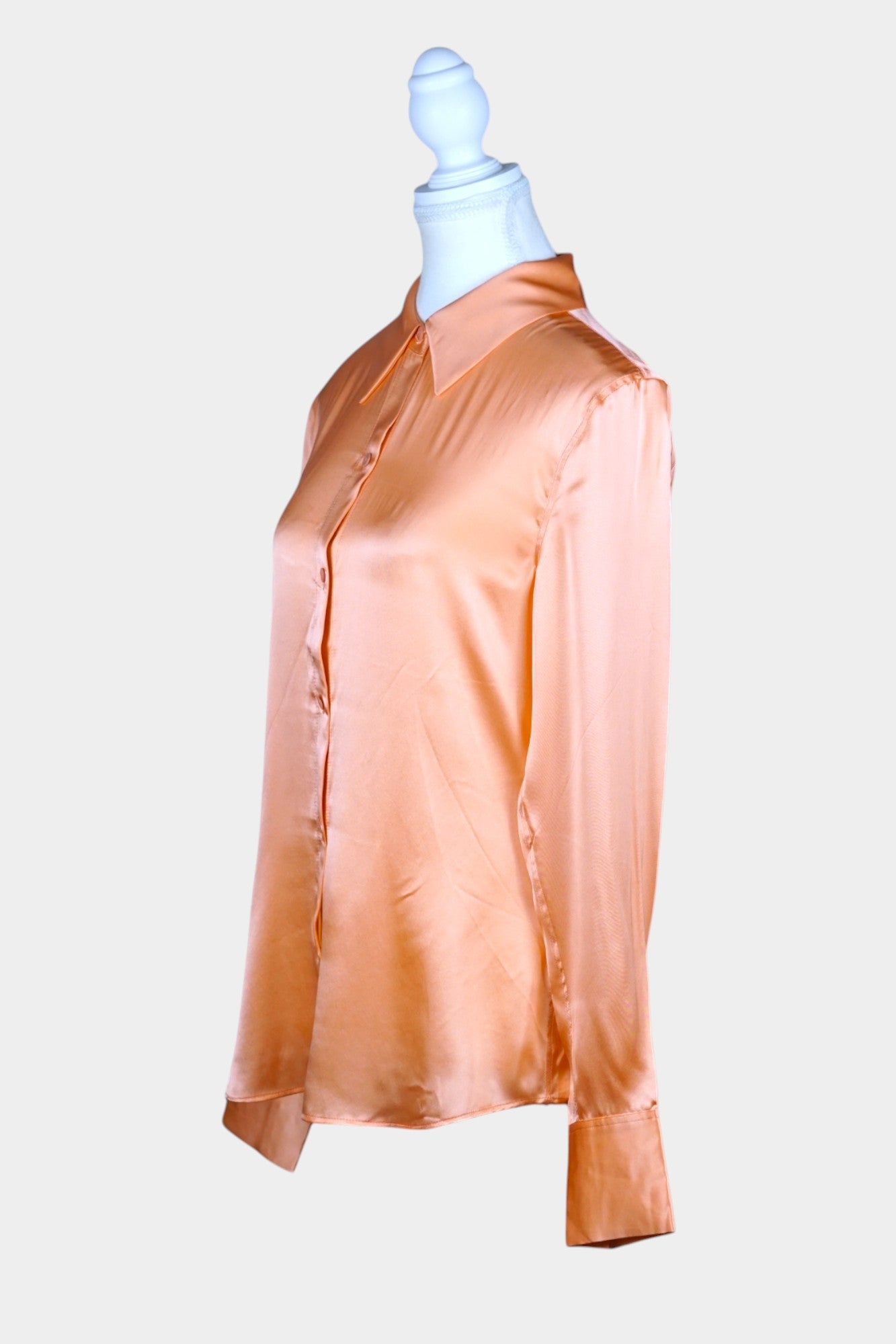 Pure Silk Satin Button-Up Blouse in Coral Pink