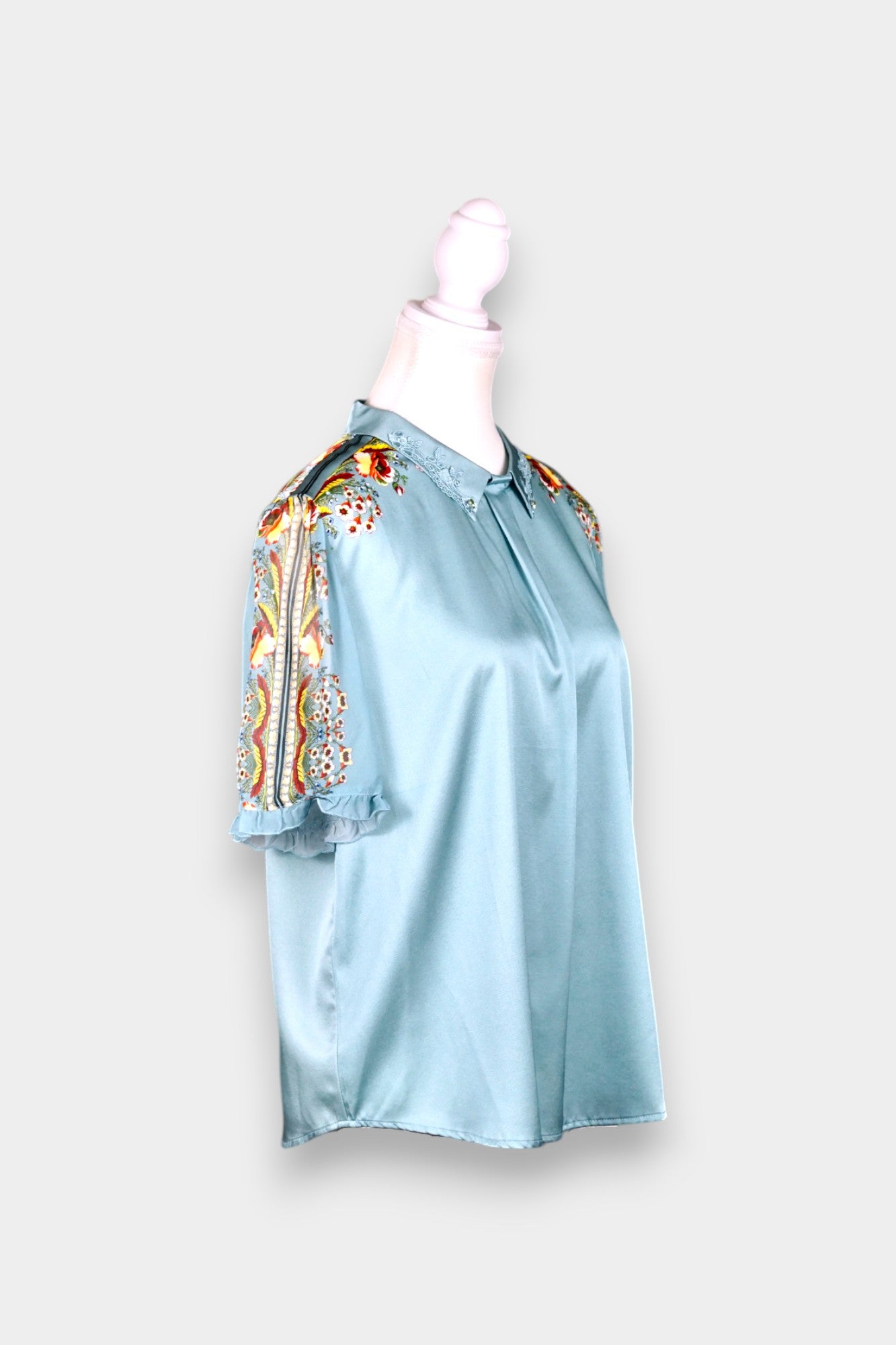 Mulberry Silk Blouse | Blue with Floral Print & Lace Collar