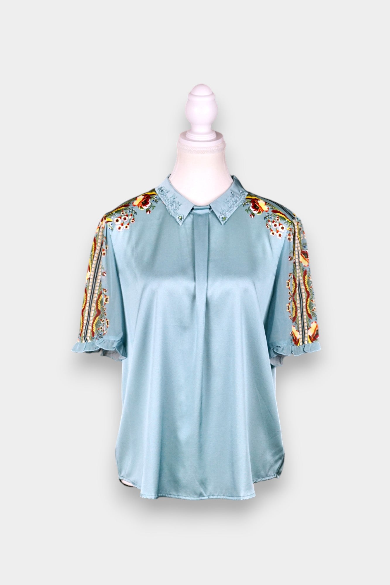 Mulberry Silk Blouse | Blue with Floral Print & Lace Collar