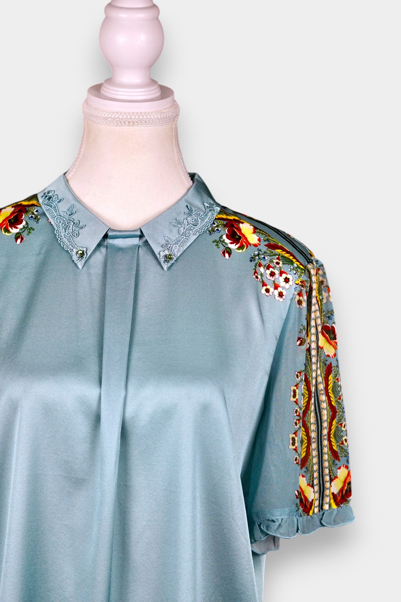 Mulberry Silk Blouse | Blue with Floral Print & Lace Collar