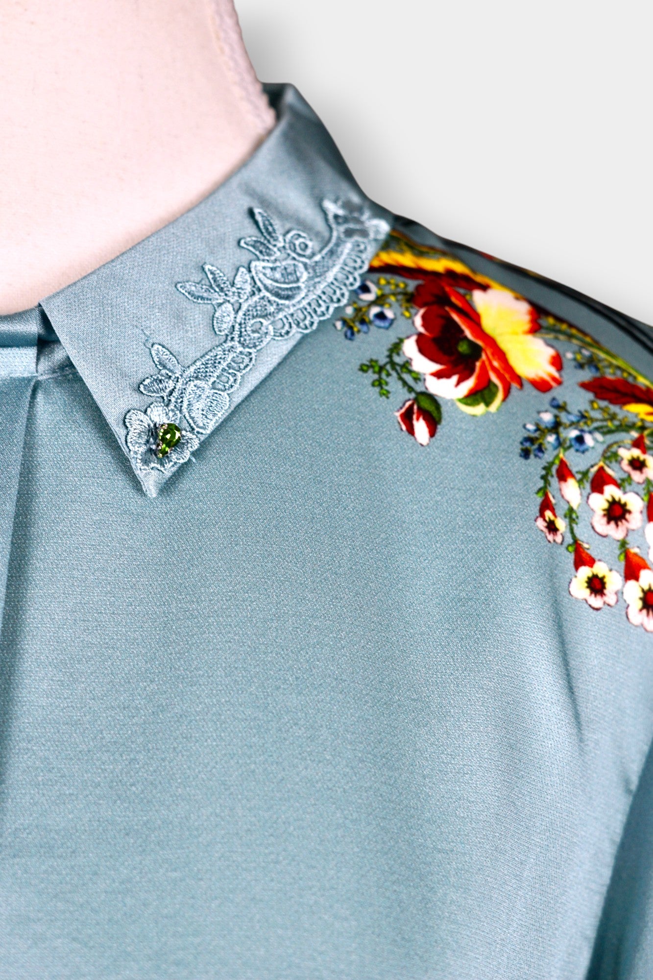 Mulberry Silk Blouse | Blue with Floral Print & Lace Collar