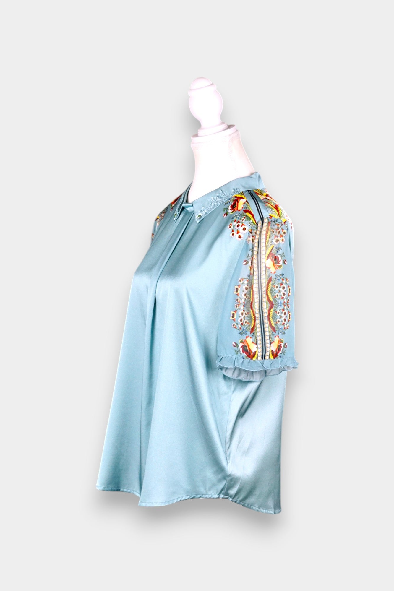 Mulberry Silk Blouse | Blue with Floral Print & Lace Collar