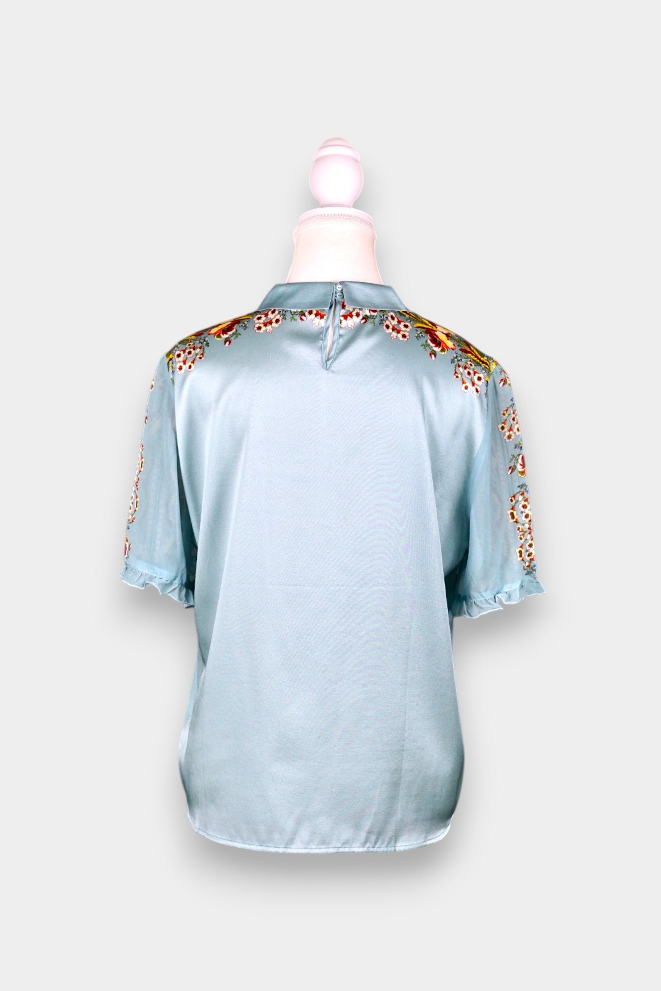 Mulberry Silk Blouse | Blue with Floral Print & Lace Collar
