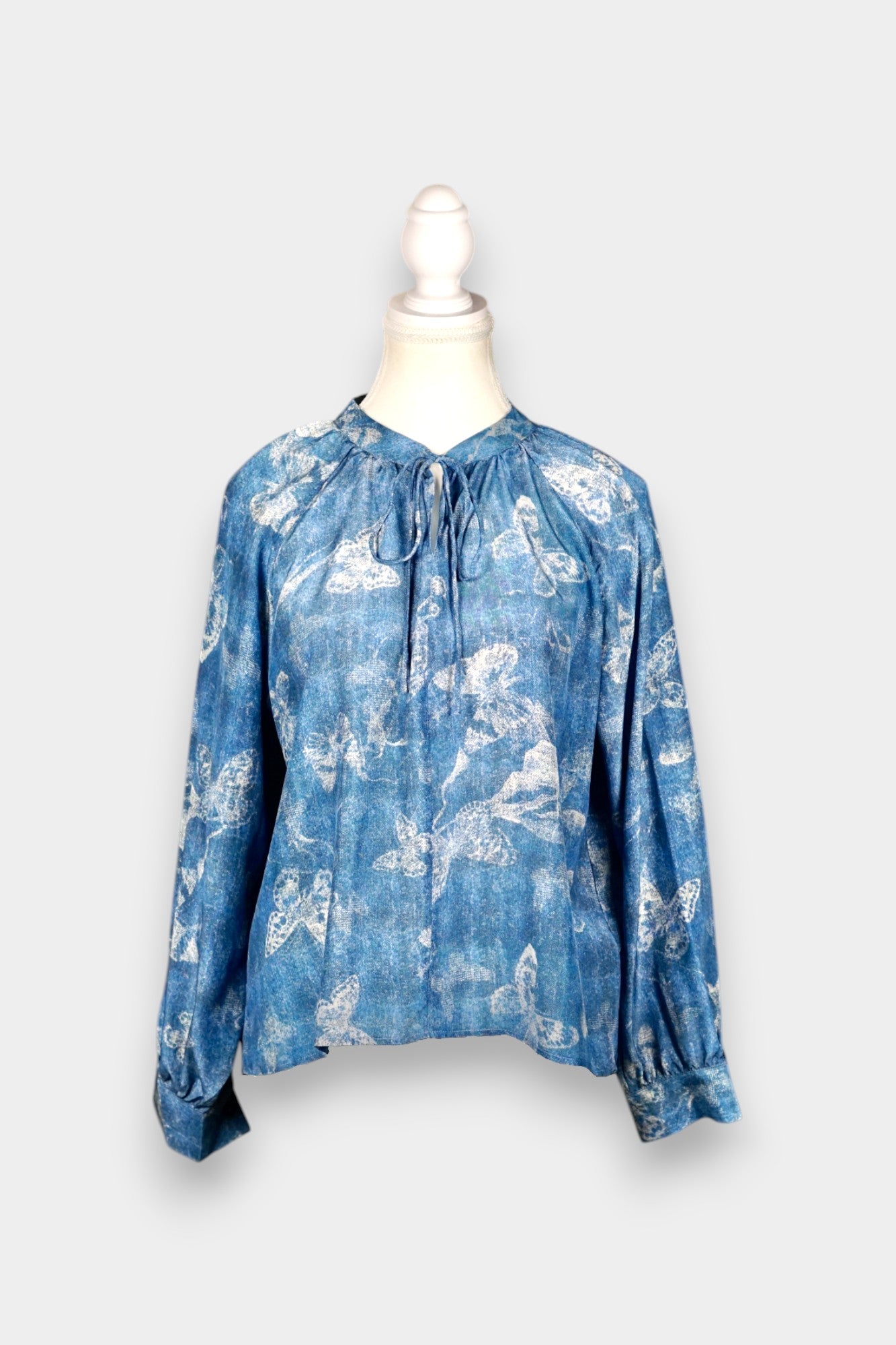 Mulberry Silk Blouse | Blue with Butterfly Print & Tie Neck