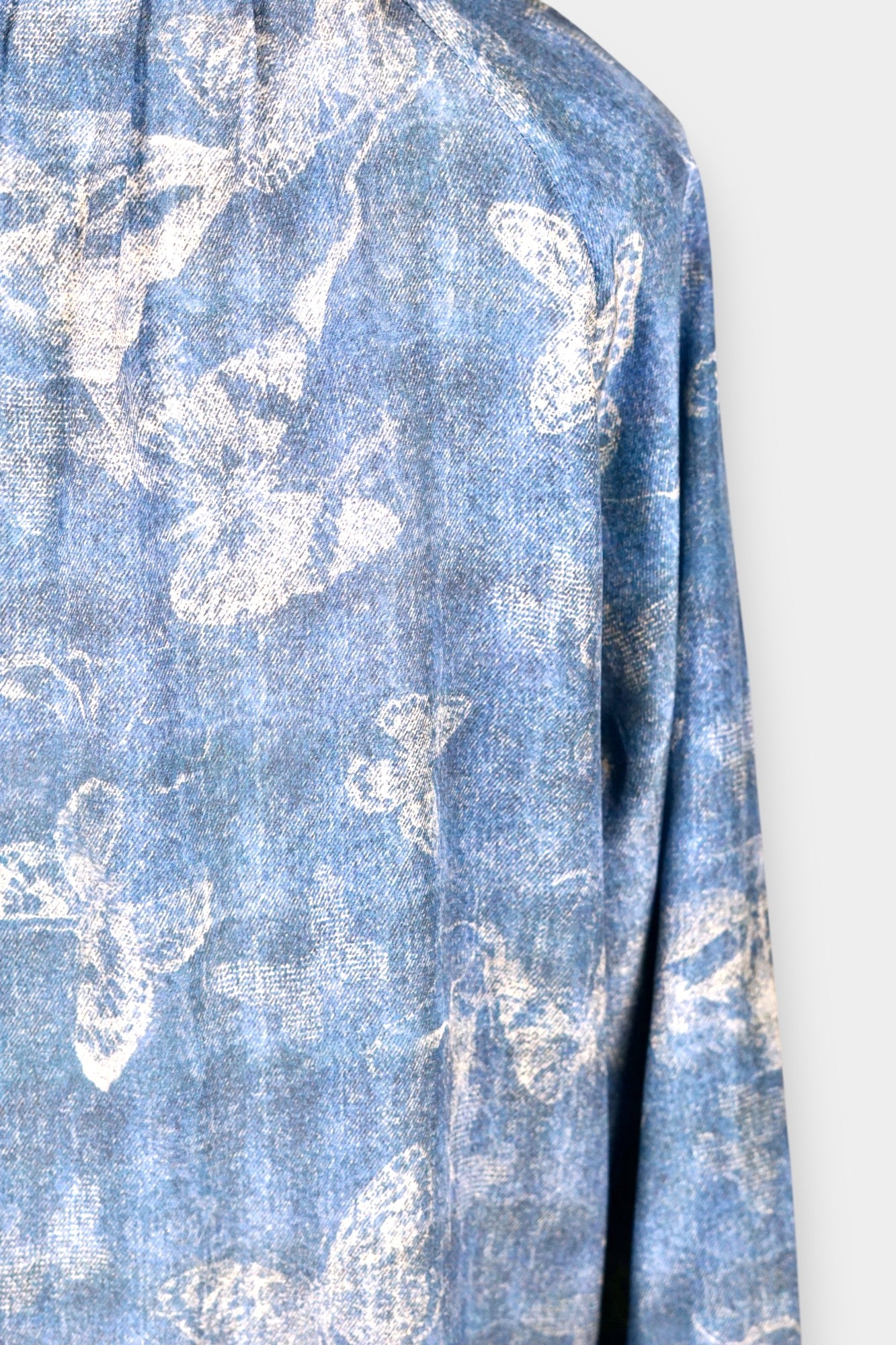 Mulberry Silk Blouse | Blue with Butterfly Print & Tie Neck