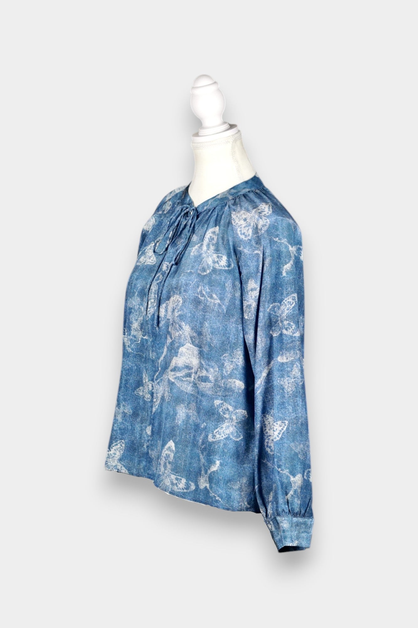Mulberry Silk Blouse | Blue with Butterfly Print & Tie Neck