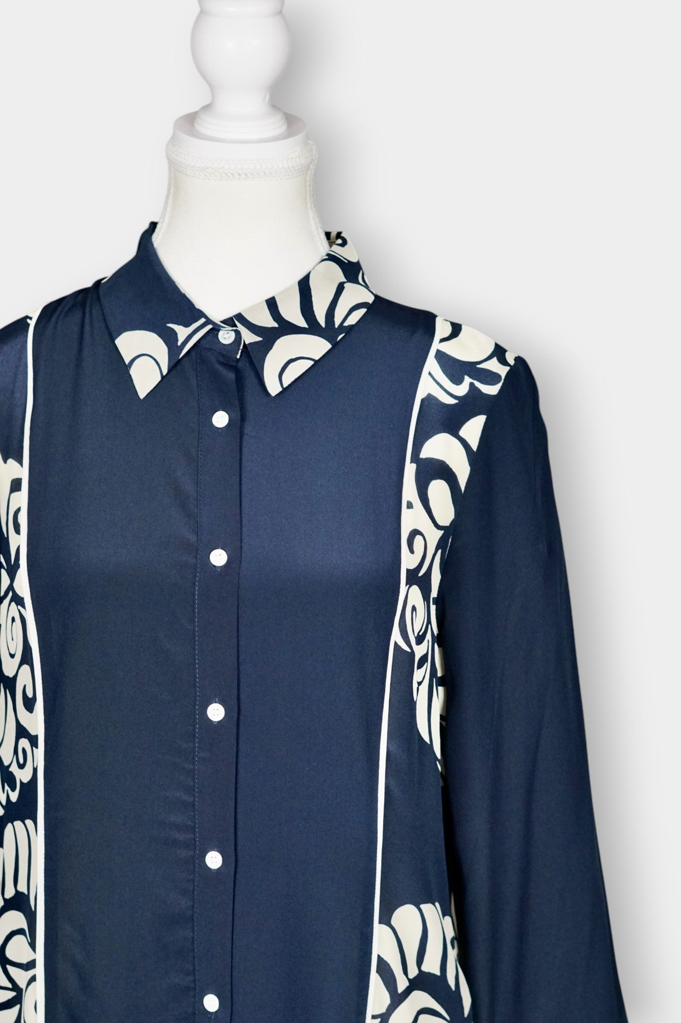 Printed Silk Shirt Dress with Scallop Motif in Navy & White