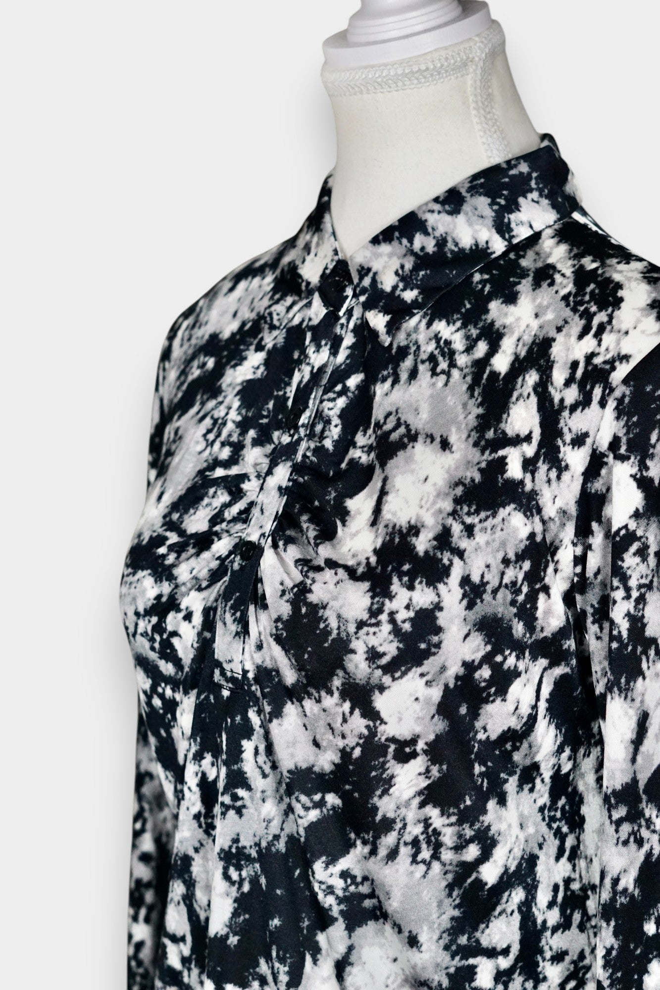 Printed Silk Button-Up Shirt | Black & White Abstract